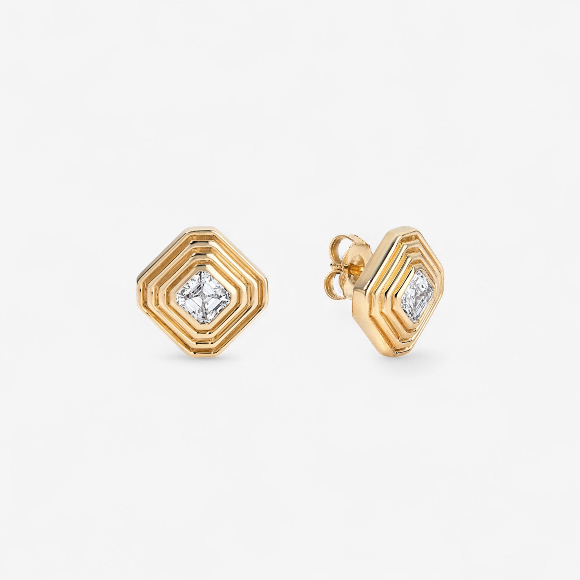 Gold and Diamond Large Asscher Stud Earrings