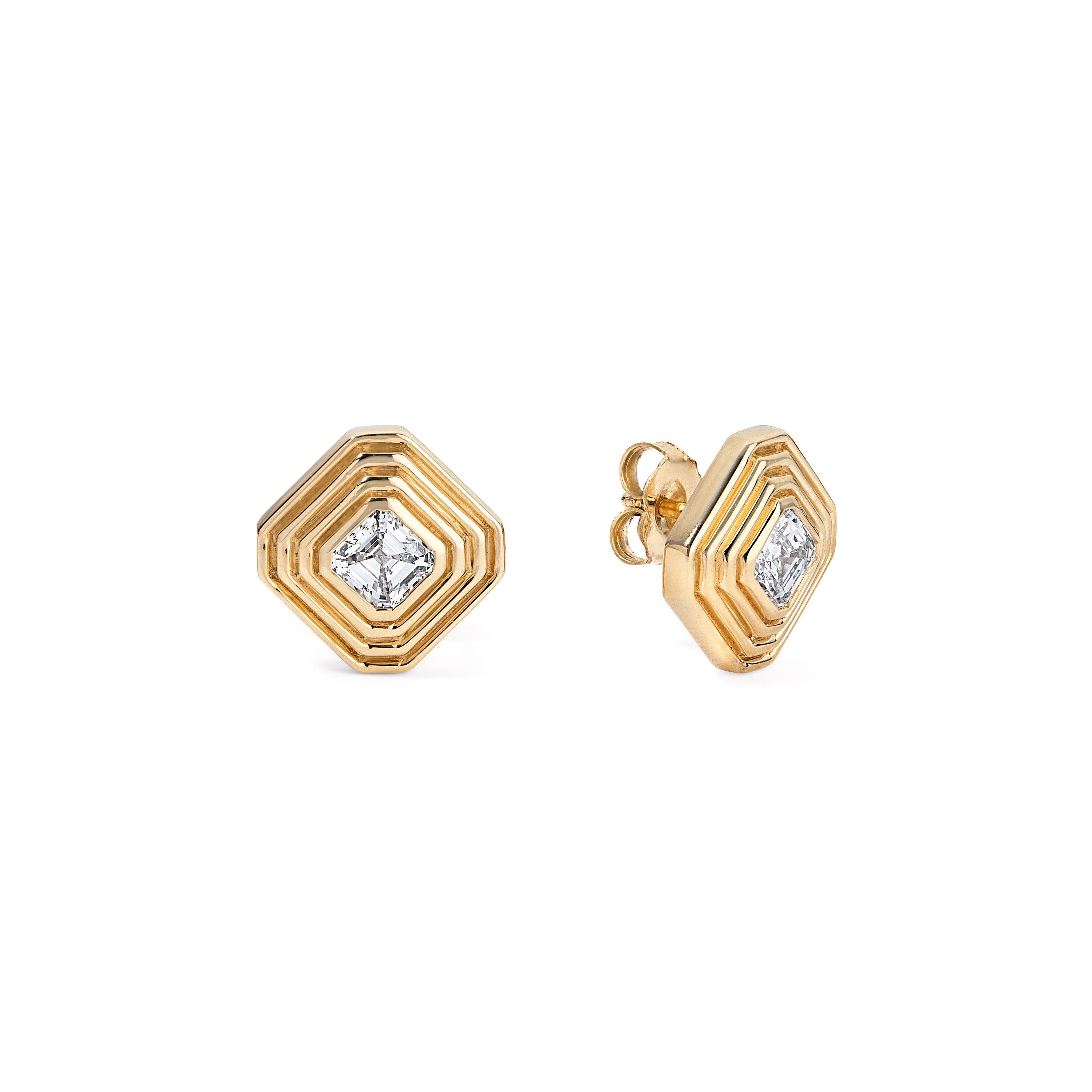 Gold and Diamond Large Asscher Stud Earrings