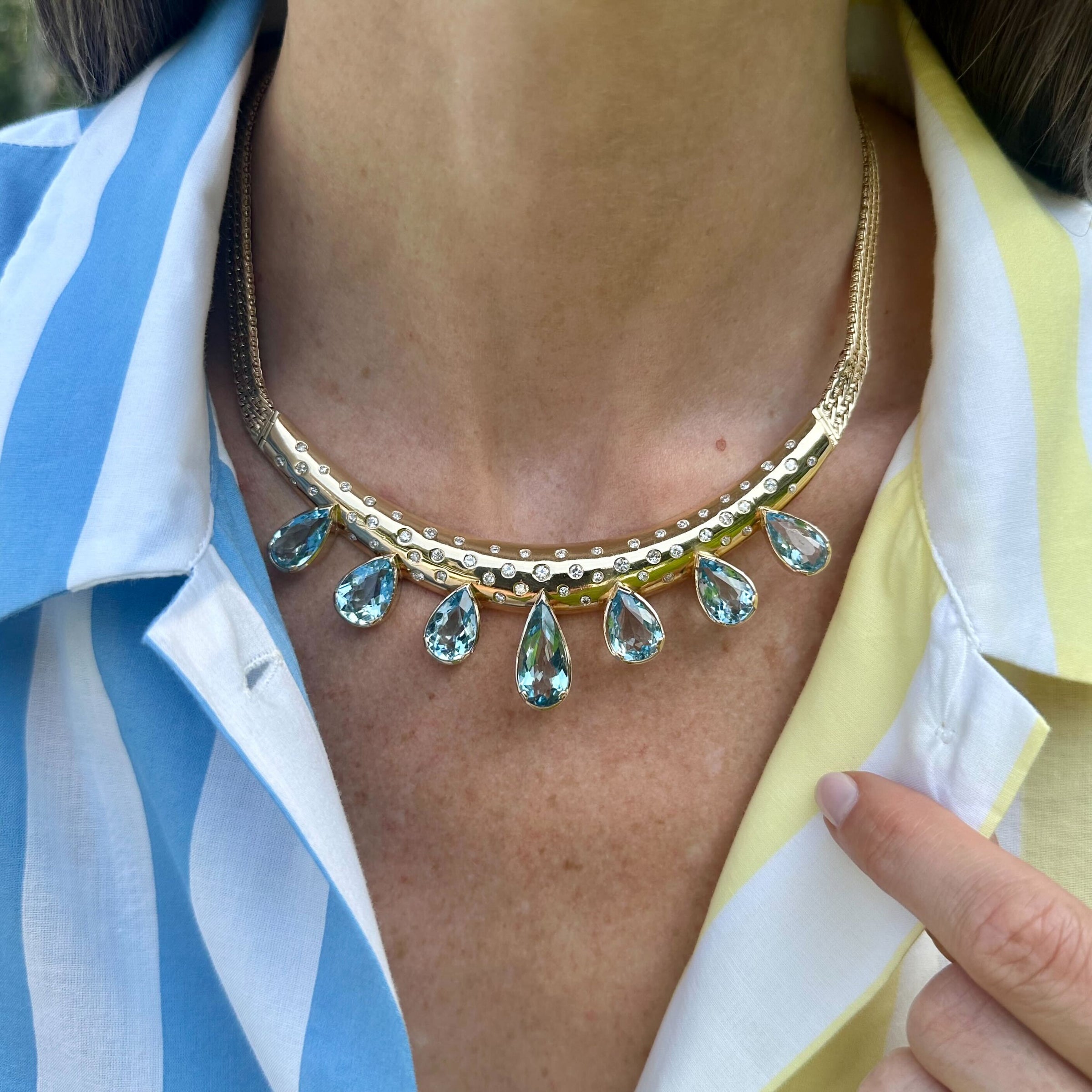 Gold Collar Necklace with Graduating Aquamarine Pears