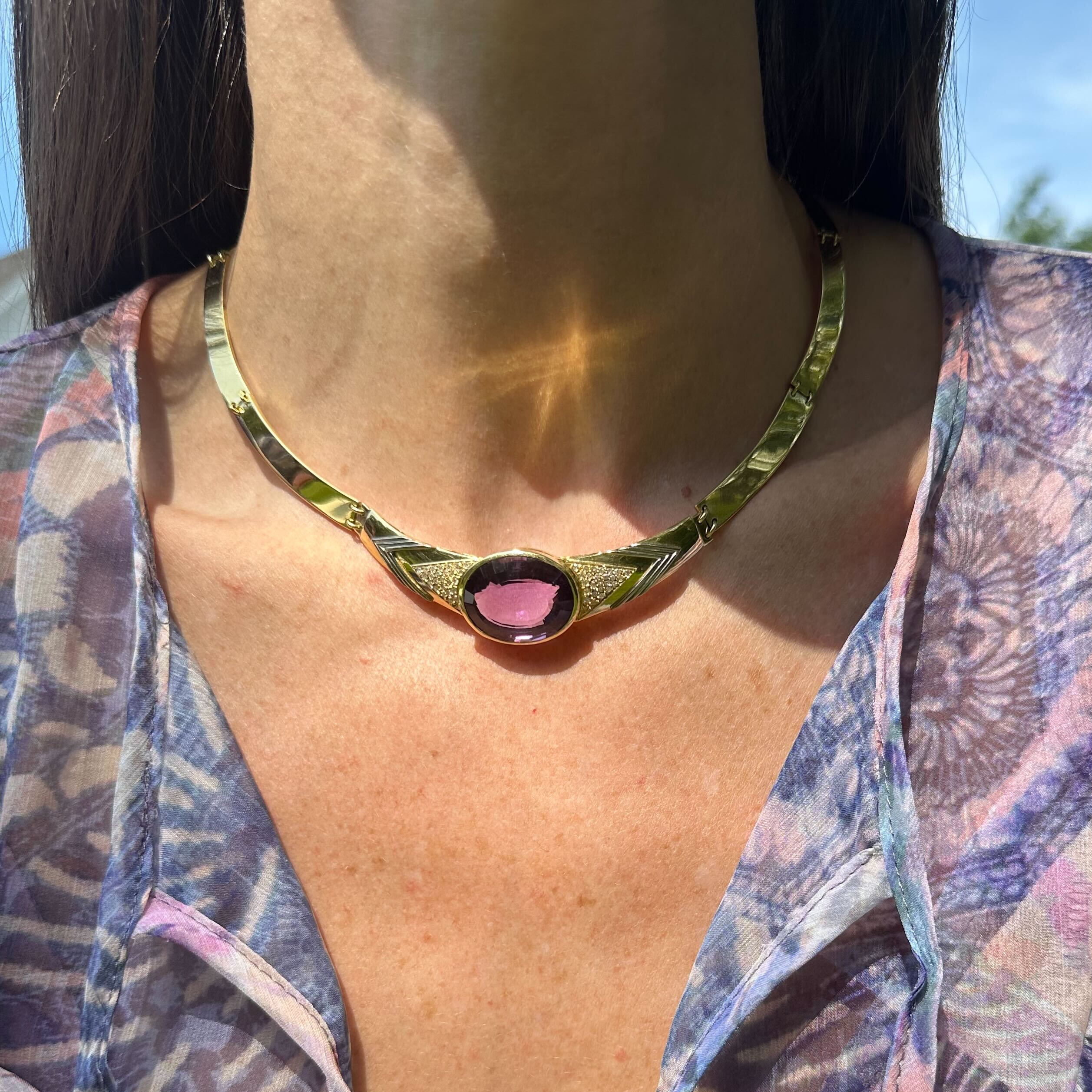 Gold Collar Necklace with Oval Amethyst and Pave Diamonds