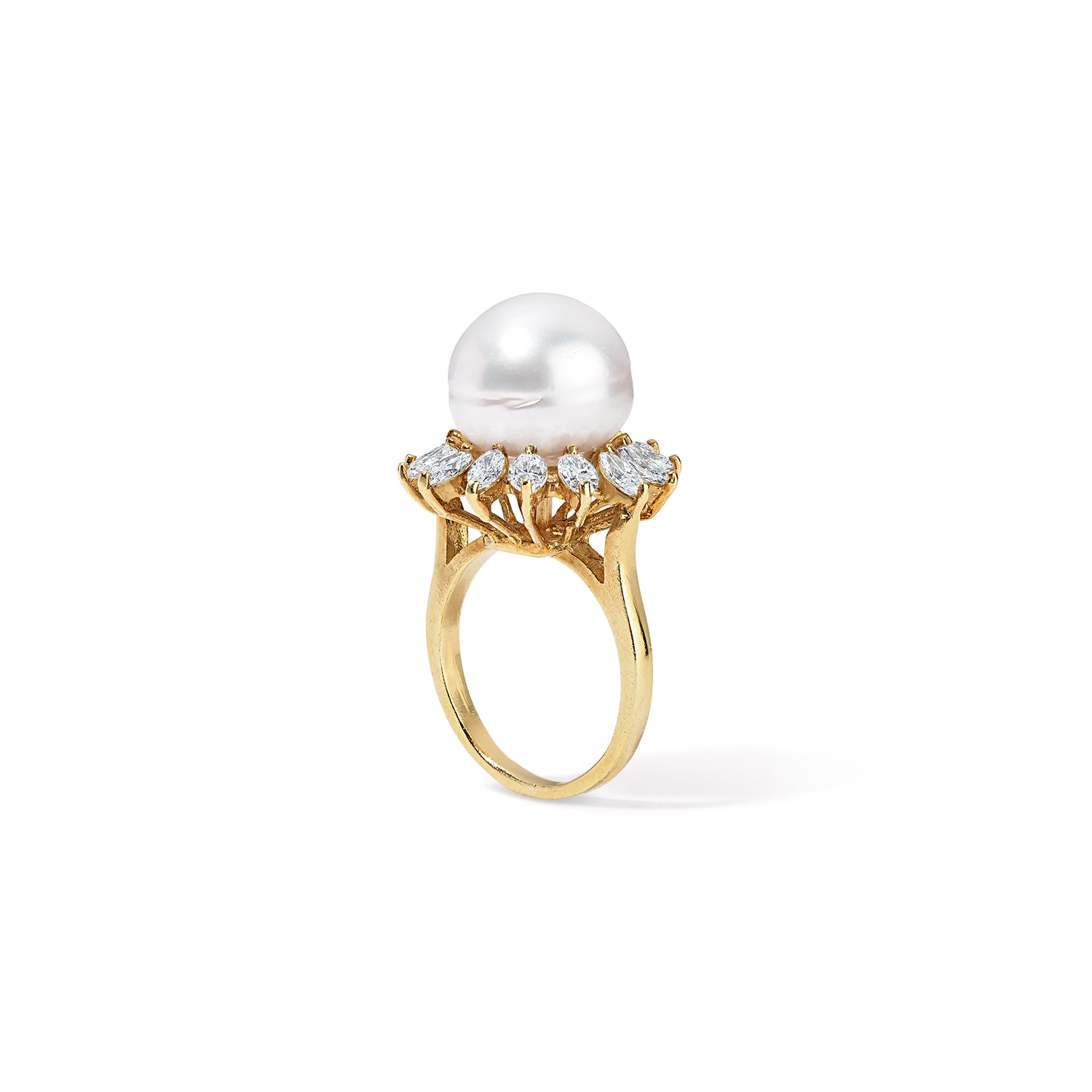 Pearl Ring with Marquise Diamond Halo