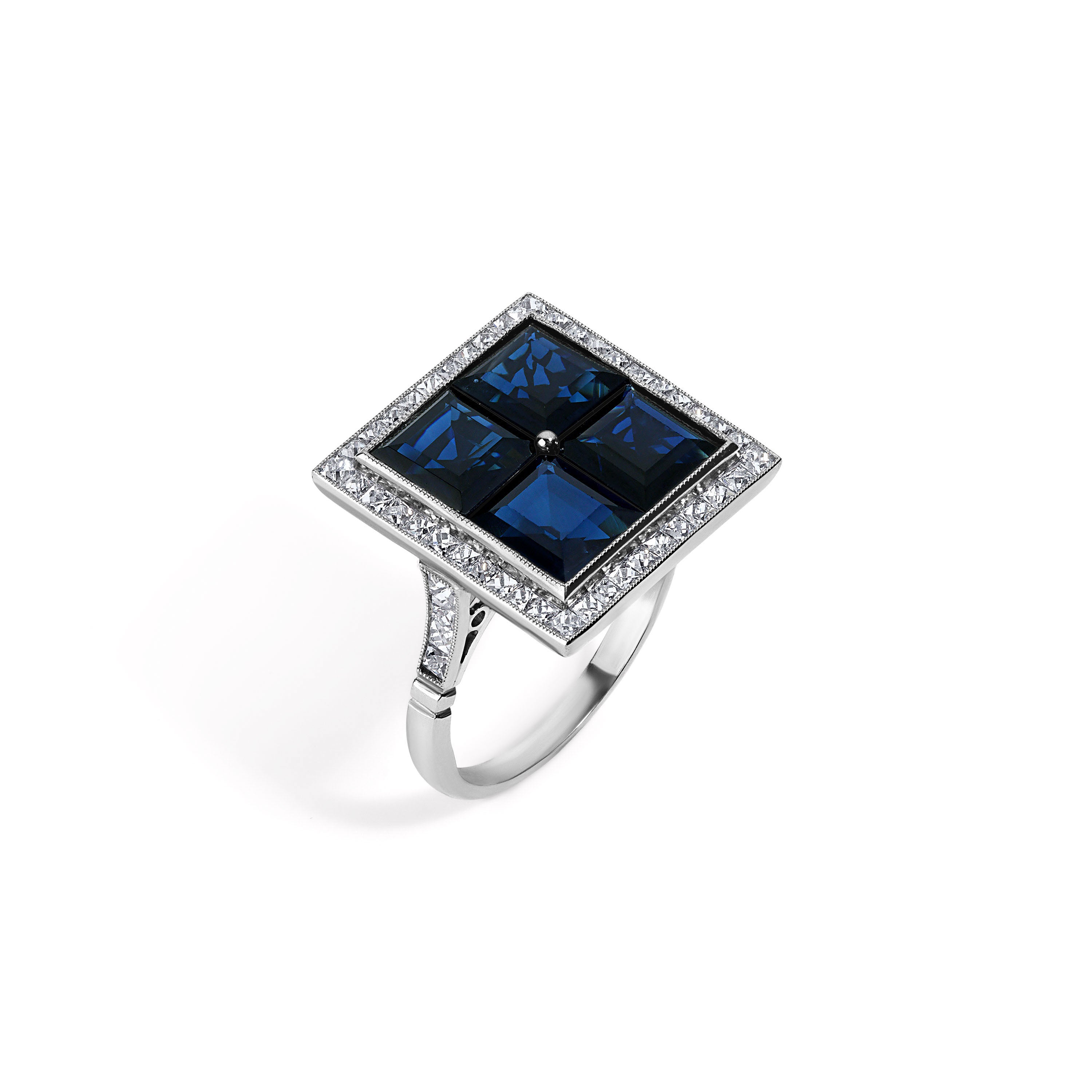 Square Sapphire Ring with Diamond Halo