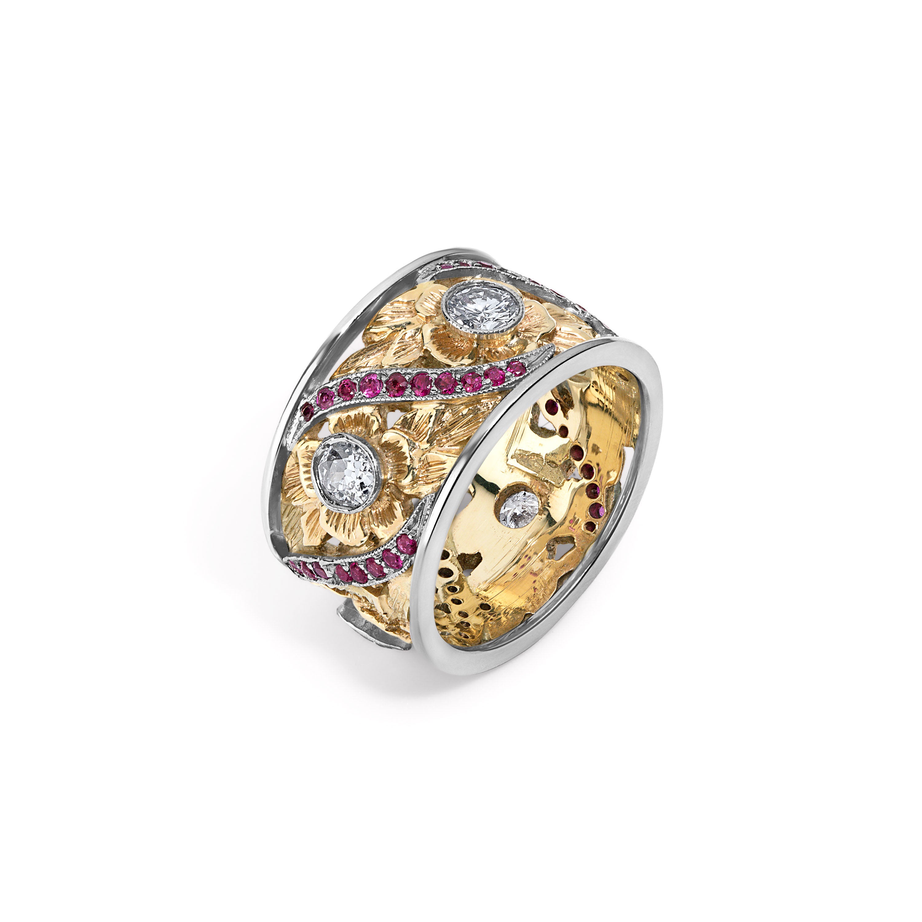 Floral Motif Band with Rubies and Old Mine Cut Diamonds