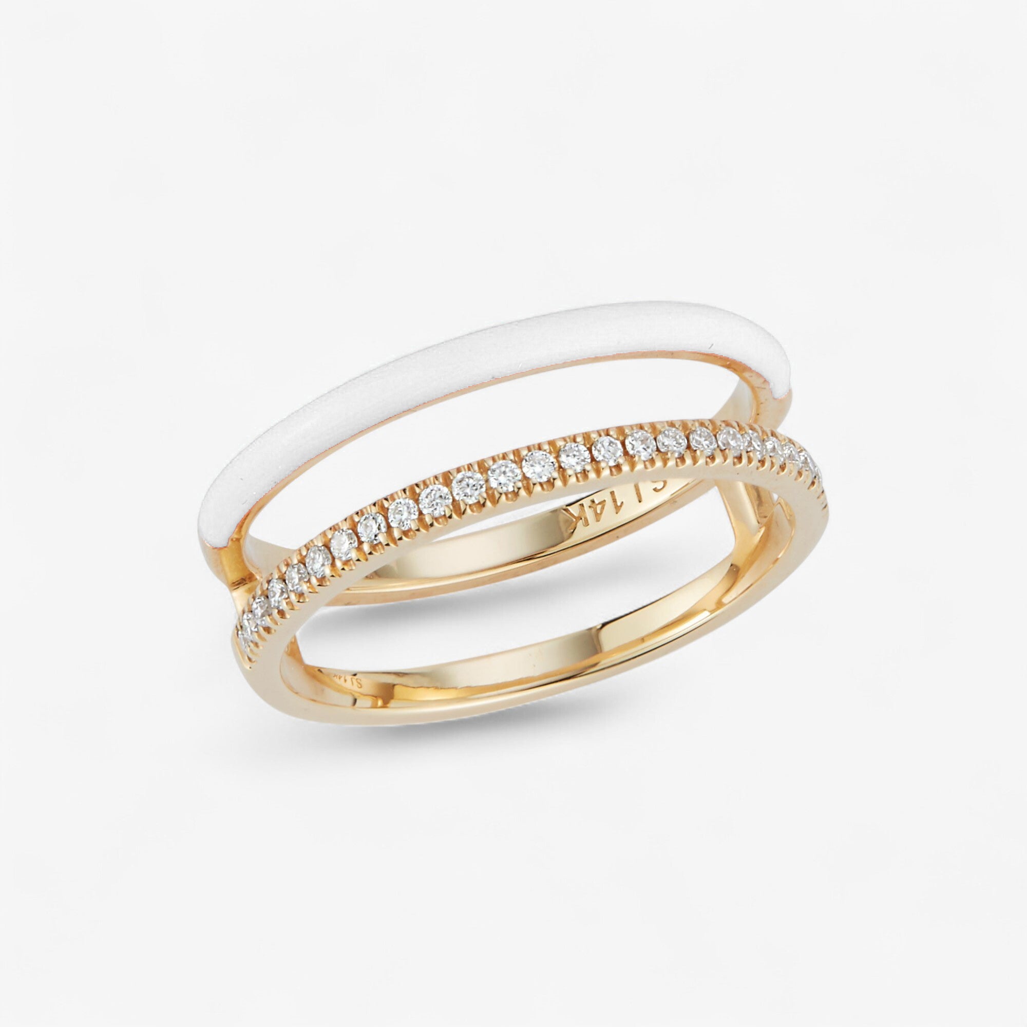 Poppy White  Enamel and Diamond Double Bar Ring size 7.5