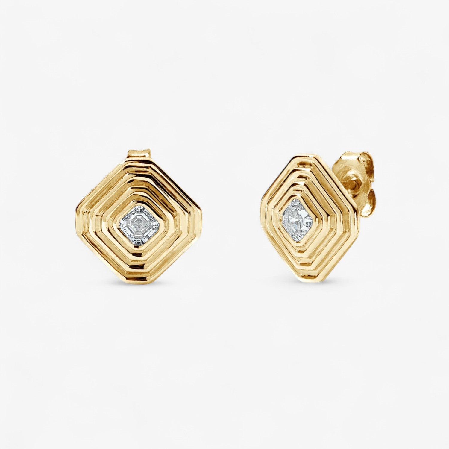 Gold and Diamond Small Asscher Stud Earrings