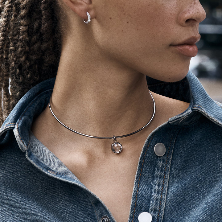 Electric Metallic Grey Wire Necklace with Round White Topaz