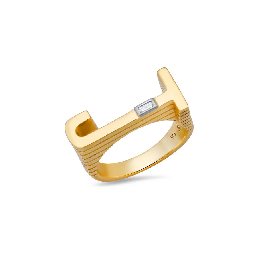 Ribbed Chunky Initial Ring with Diamond Baguette