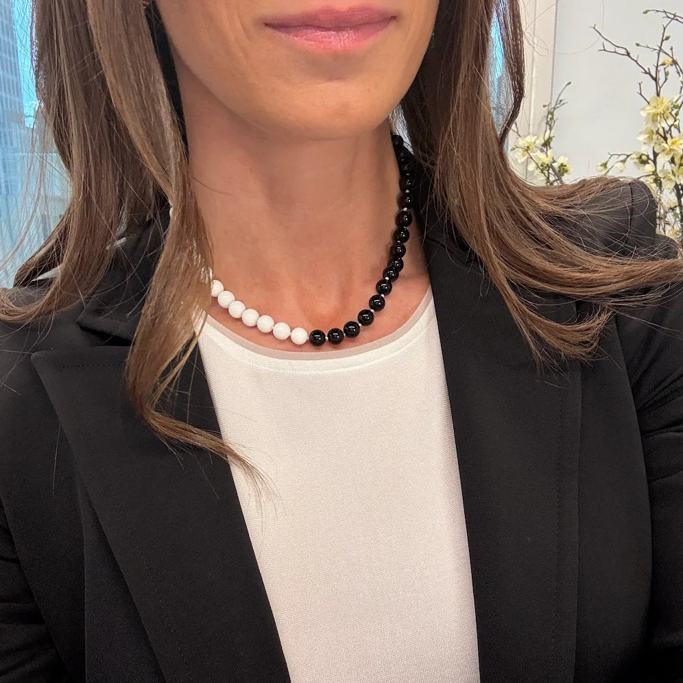 Kendall Two Tone White Agate and Black Agate Beaded Necklace