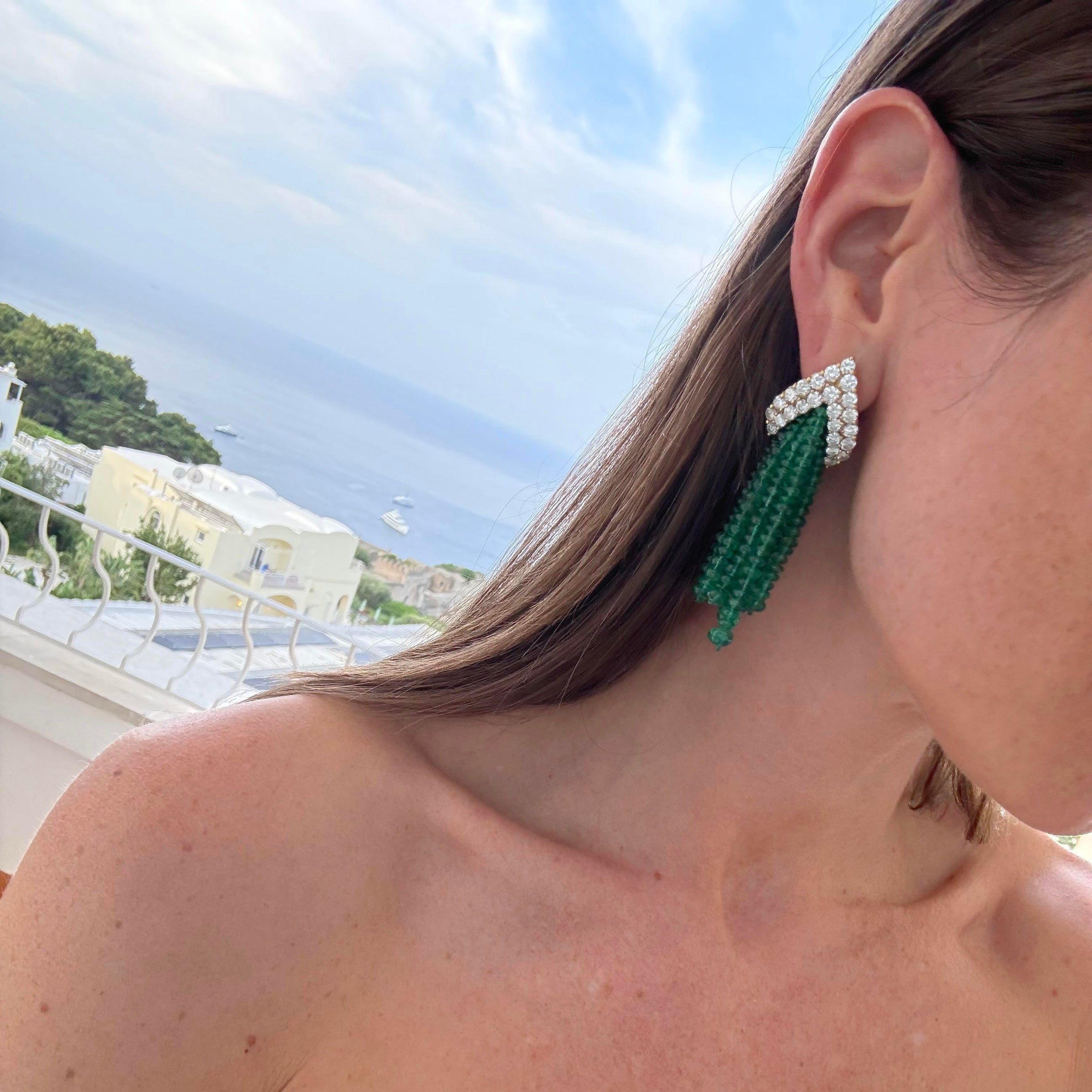 Emerald Bead and Diamond Tassel Earring and Brooch Set