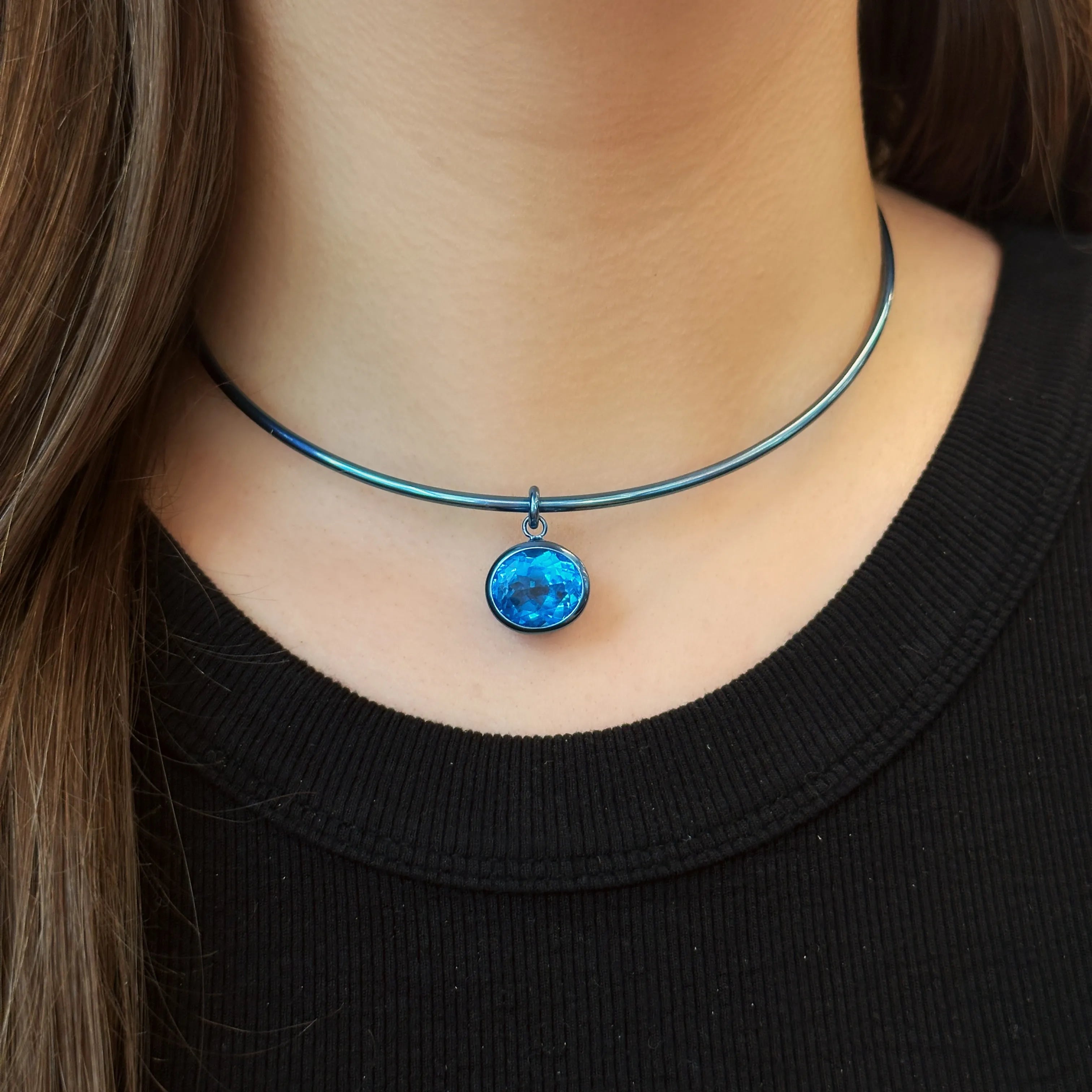 Electric Blue Wire Necklace with Oval Swiss Blue Topaz