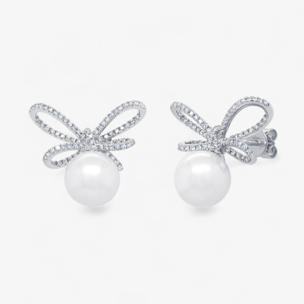 Pearl and Diamond Bow Stud Earrings