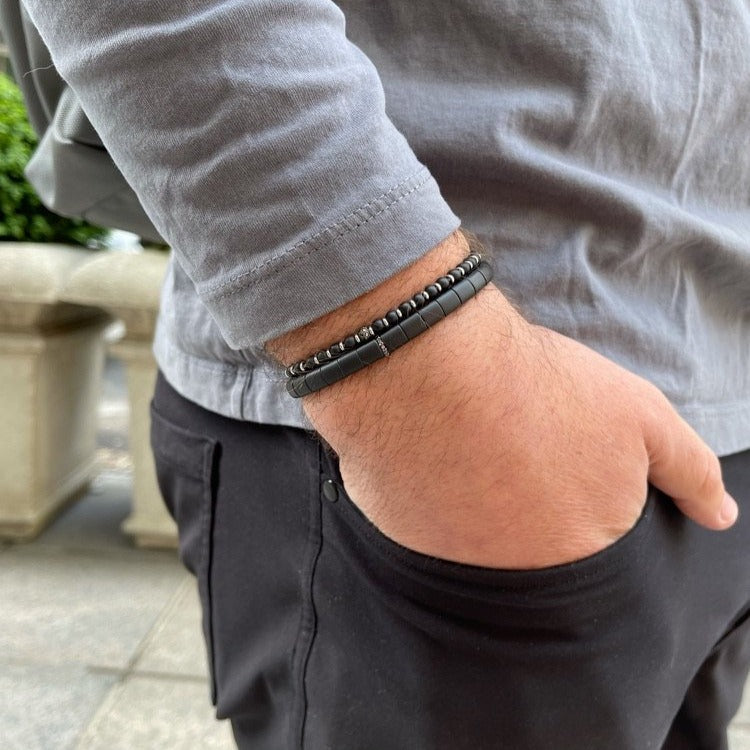 Men's Synthetic Leather Presidential Beaded Black Bracelet
