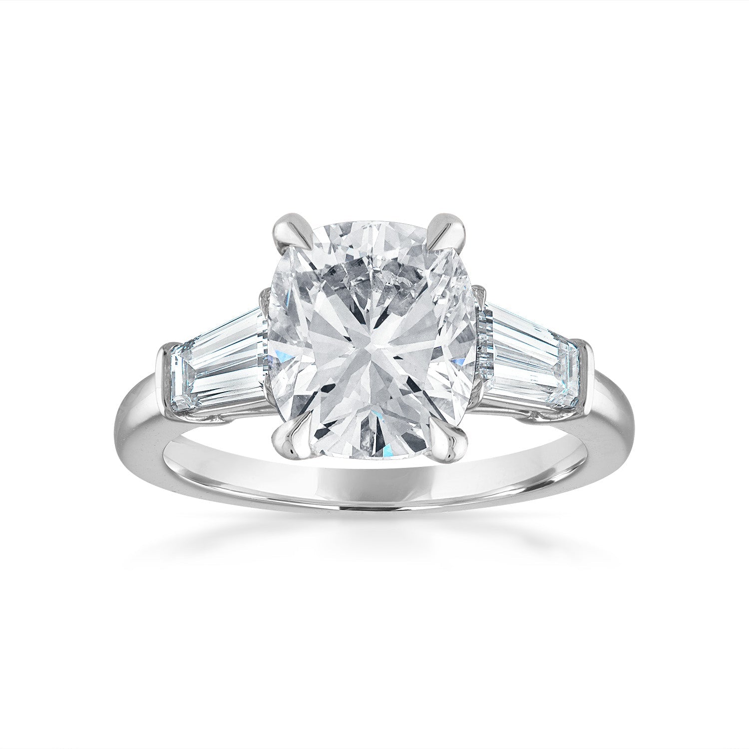 Cushion Engagement Ring with Baguette Side Stones in Platinum