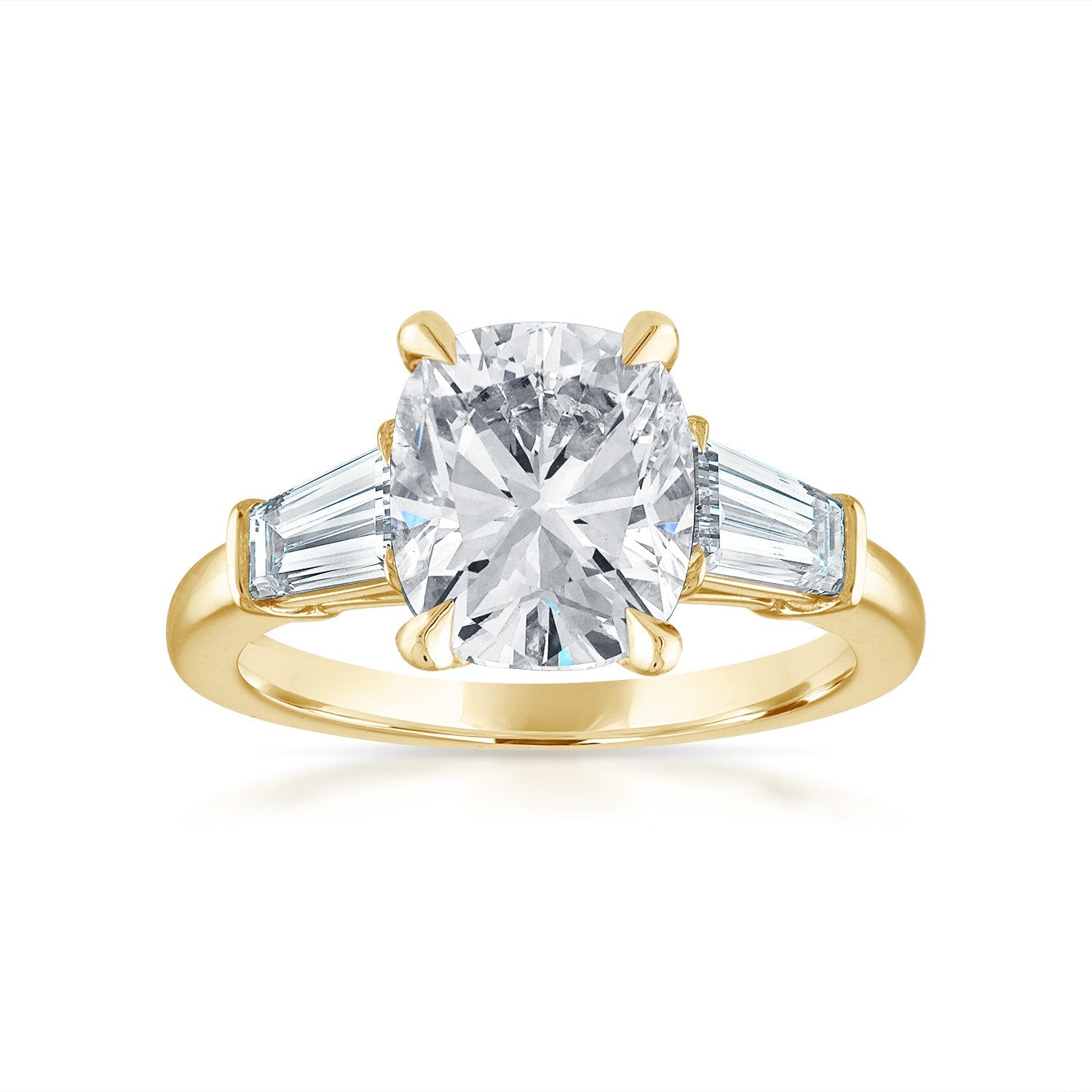 Cushion Engagement Ring with Baguette Side Stones in Yellow Gold