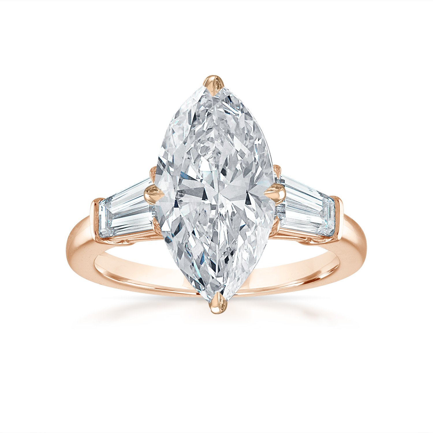Marquise Engagement Ring with Baguette Side Stones in Rose Gold