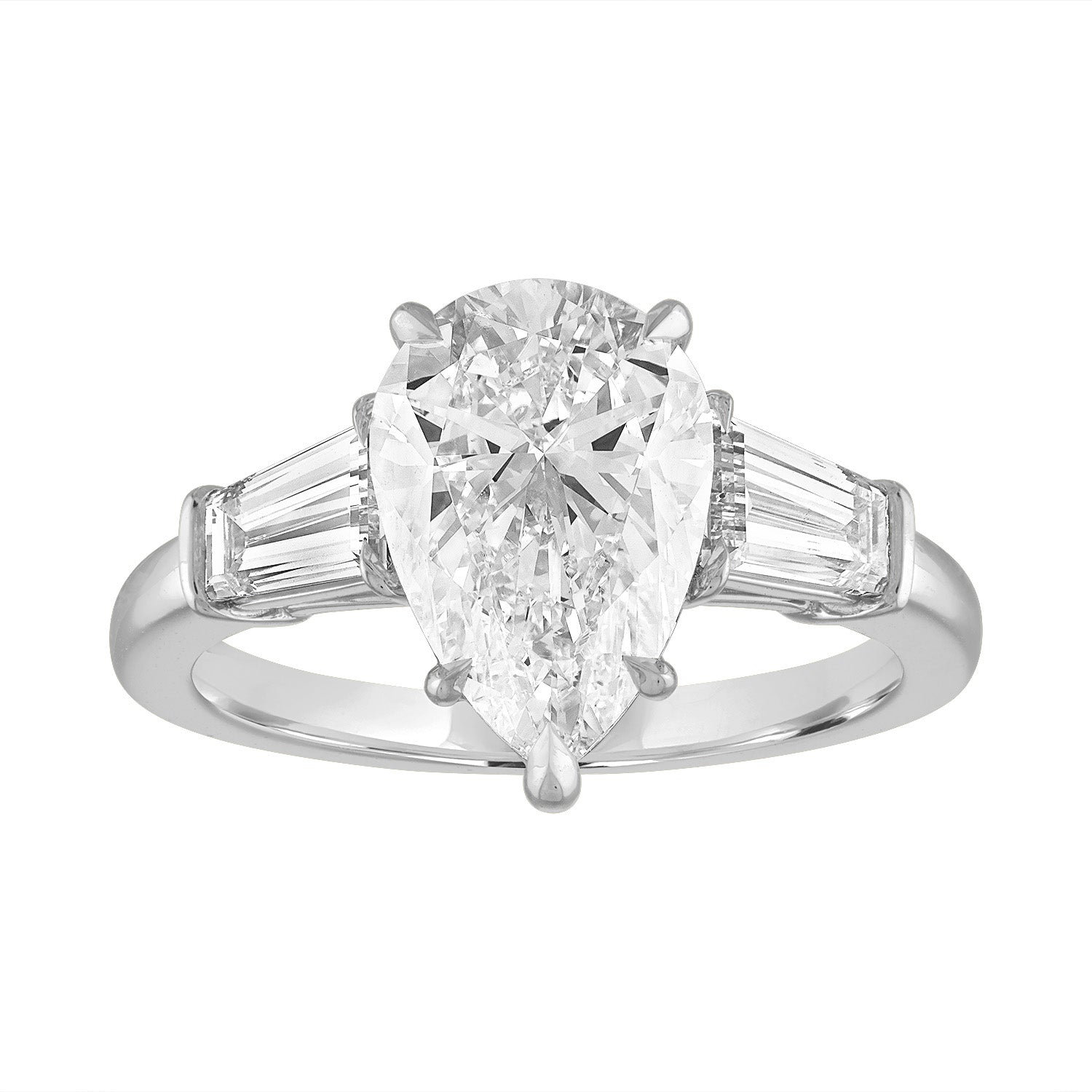 Pear Engagement Ring with Baguette Side Stones in Platinum