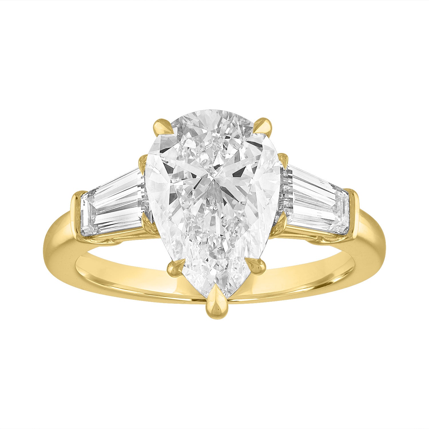 Pear Engagement Ring with Baguette Side Stones in Yellow Gold