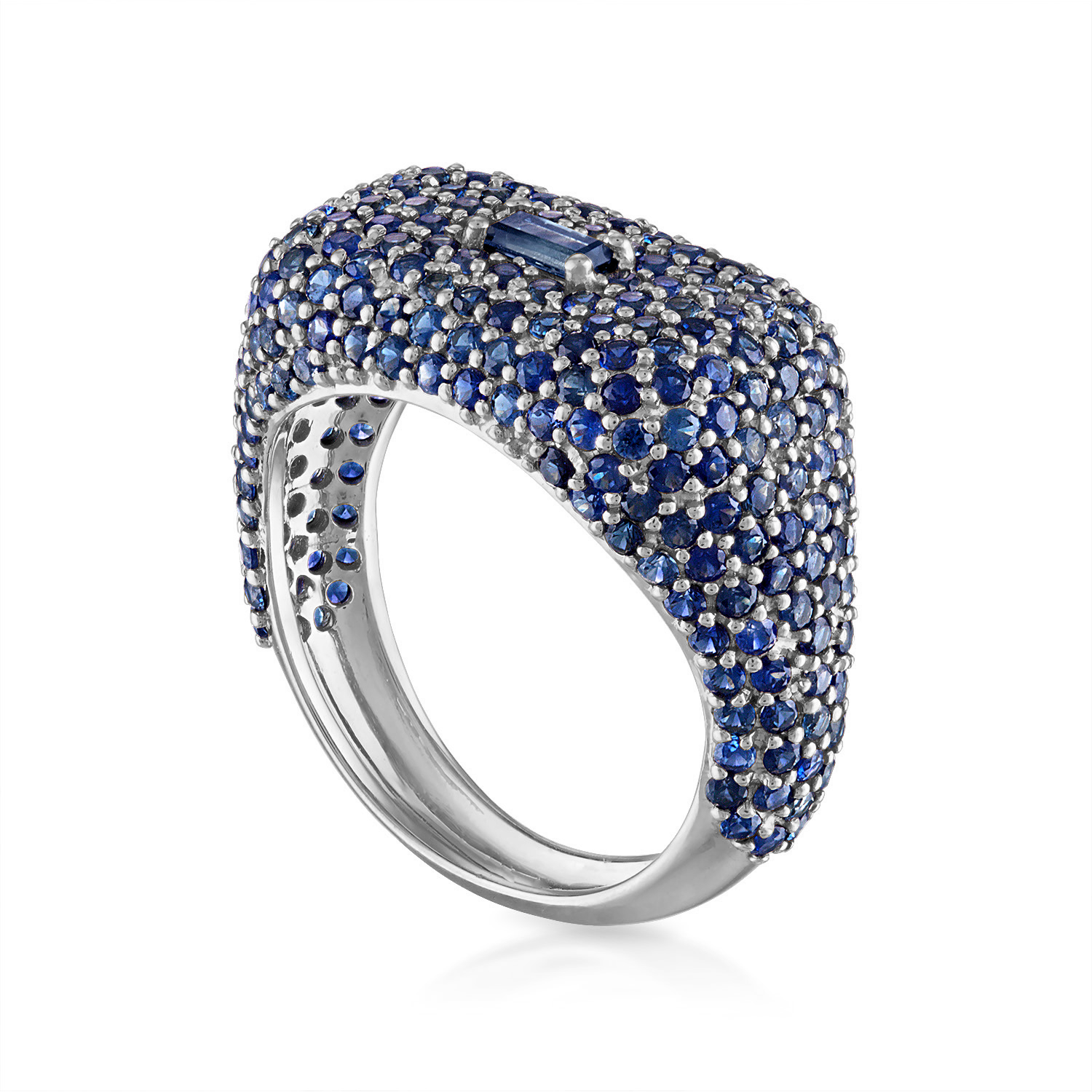 Blue Sapphire Domed Signet Ring in White Gold