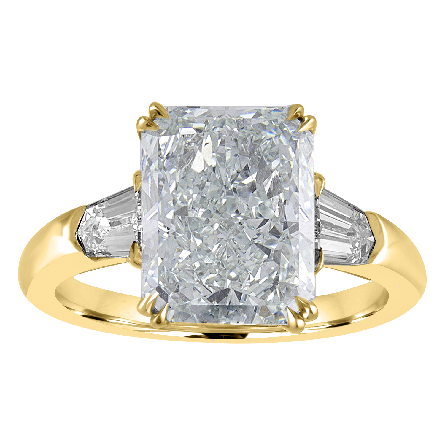 Radiant Engagement Ring with Bullet Side Stones in Yellow Gold