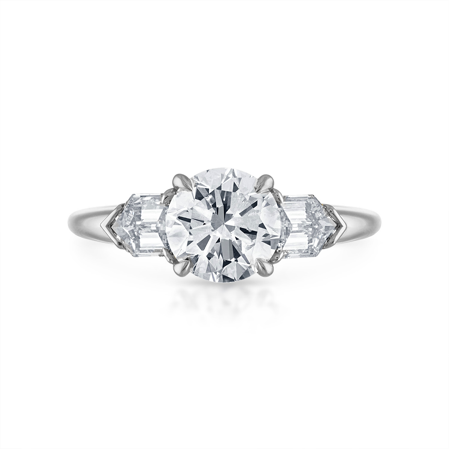 Round Engagement Ring with Bullet Side Stones in Platinum