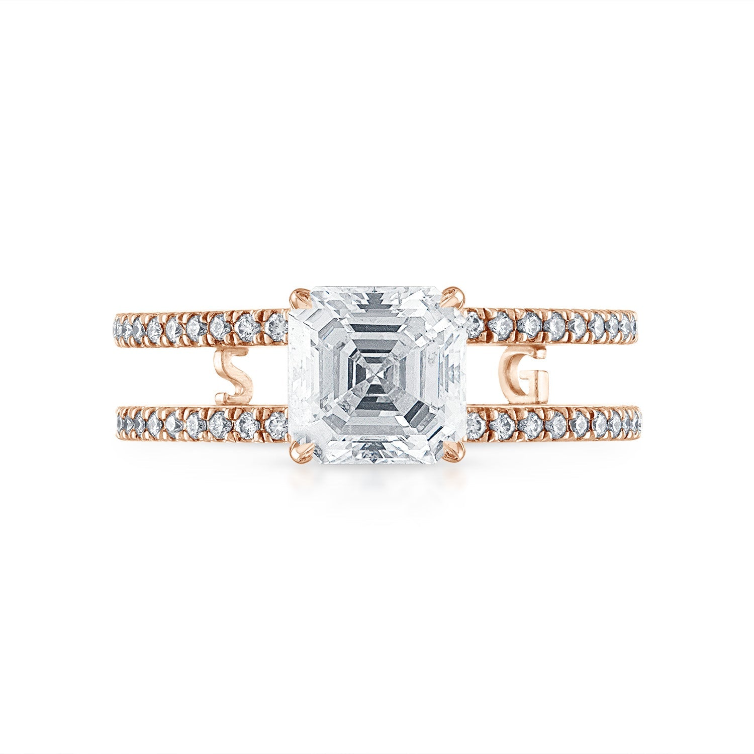 Asscher Double Pave Band Engagement Ring in Rose Gold