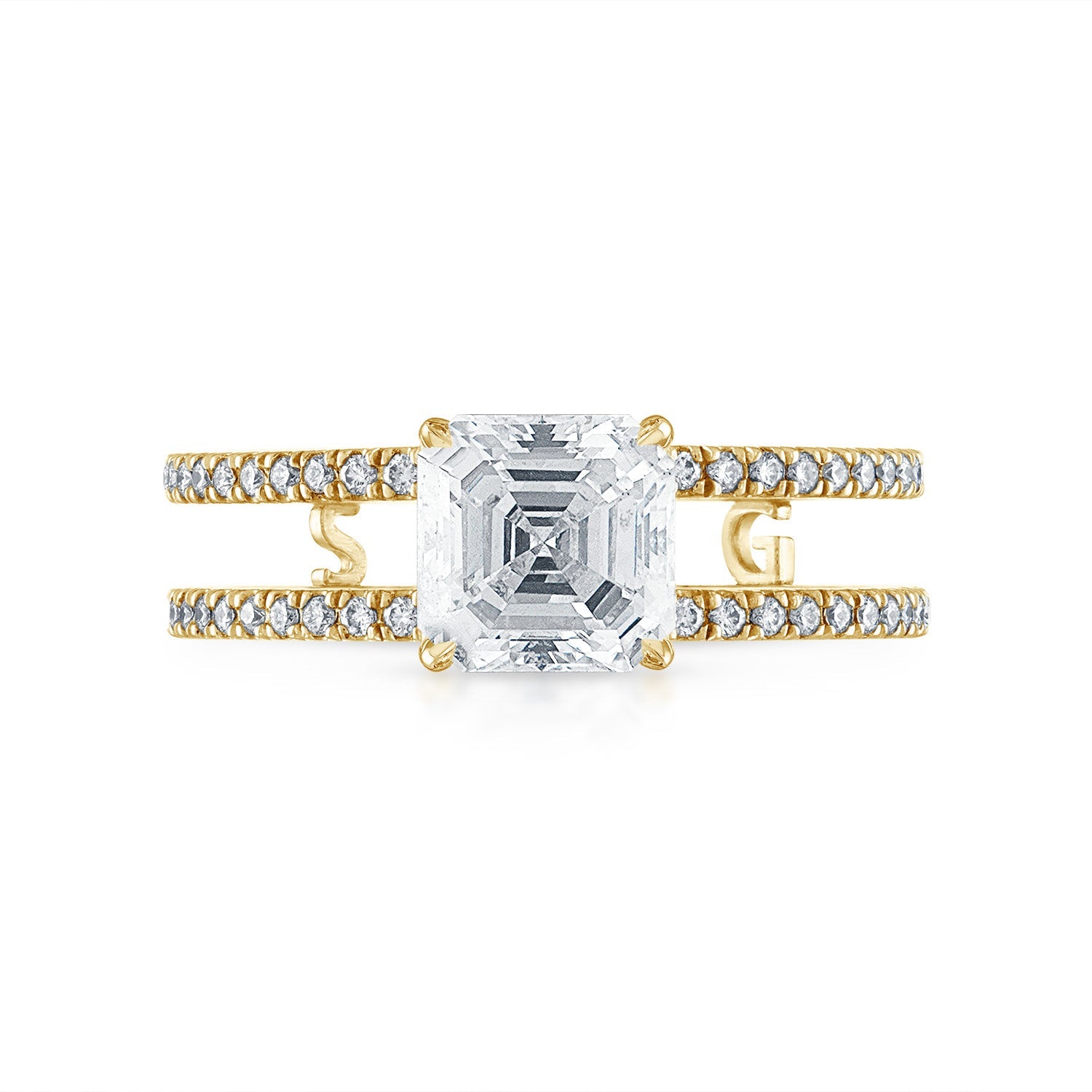Asscher Double Pave Band Engagement Ring in Yellow Gold