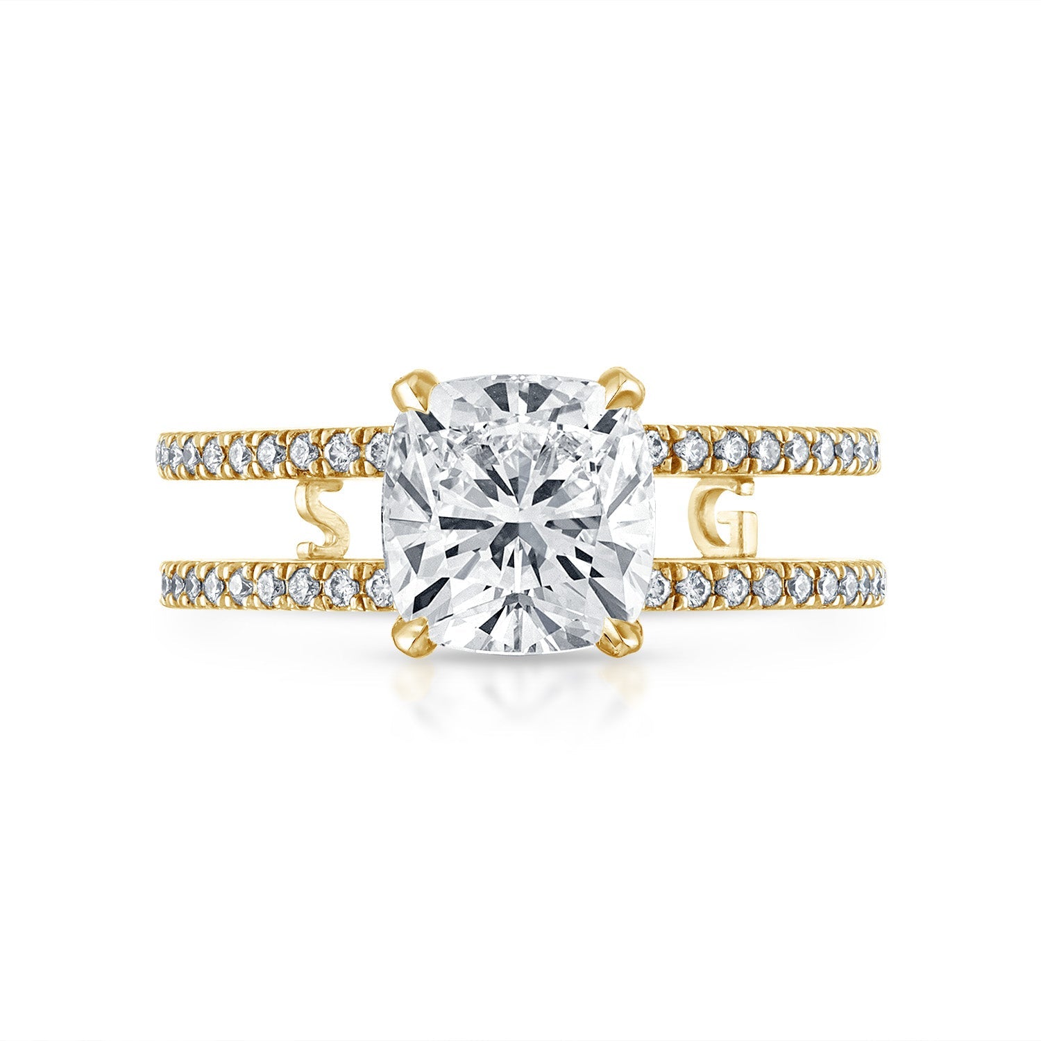 Cushion Double Pave Band Engagement Ring in Yellow Gold
