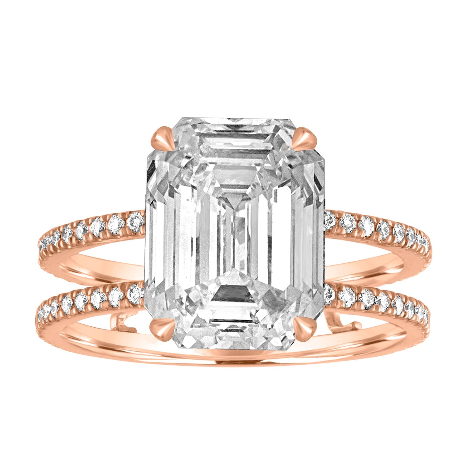 Emerald Double Pave Band Engagement Ring in Rose Gold