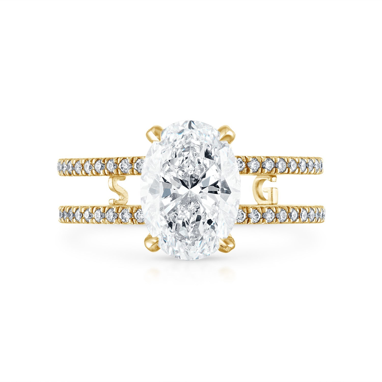 Oval Double Pave Band Engagement Ring in Yellow Gold
