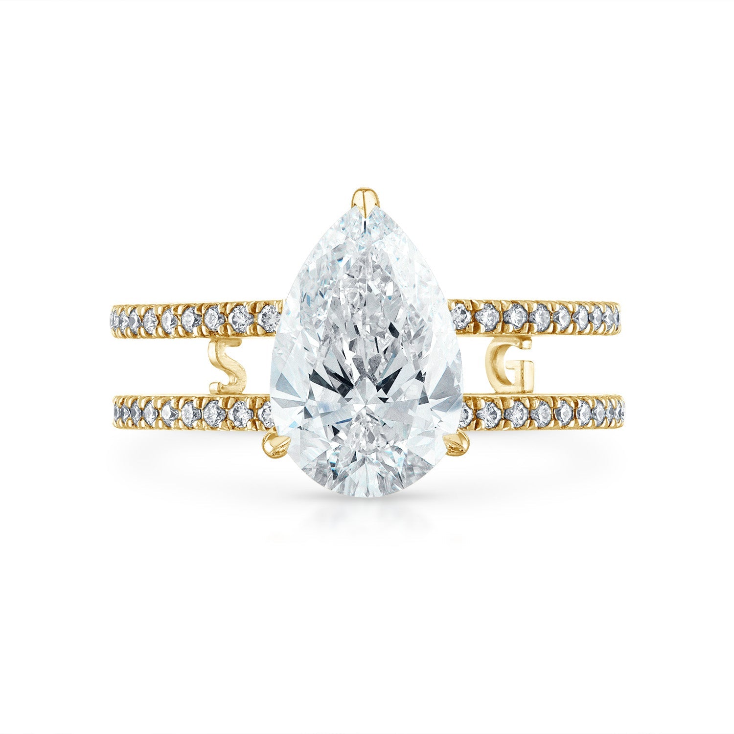 Pear Double Pave Band Engagement Ring in Yellow Gold