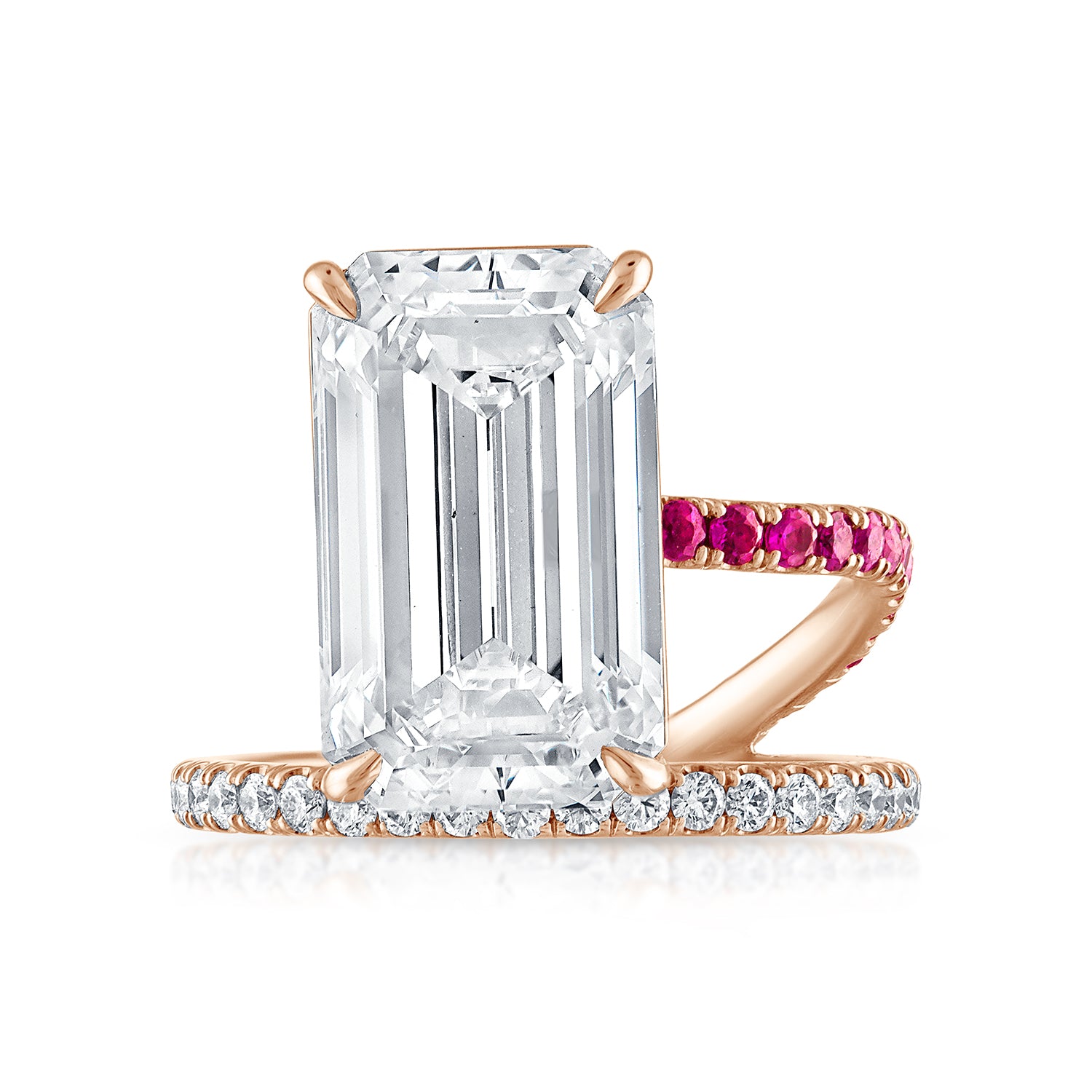7.30ct Emerald Cut Pave and Ruby Band and a Half Engagement Ring