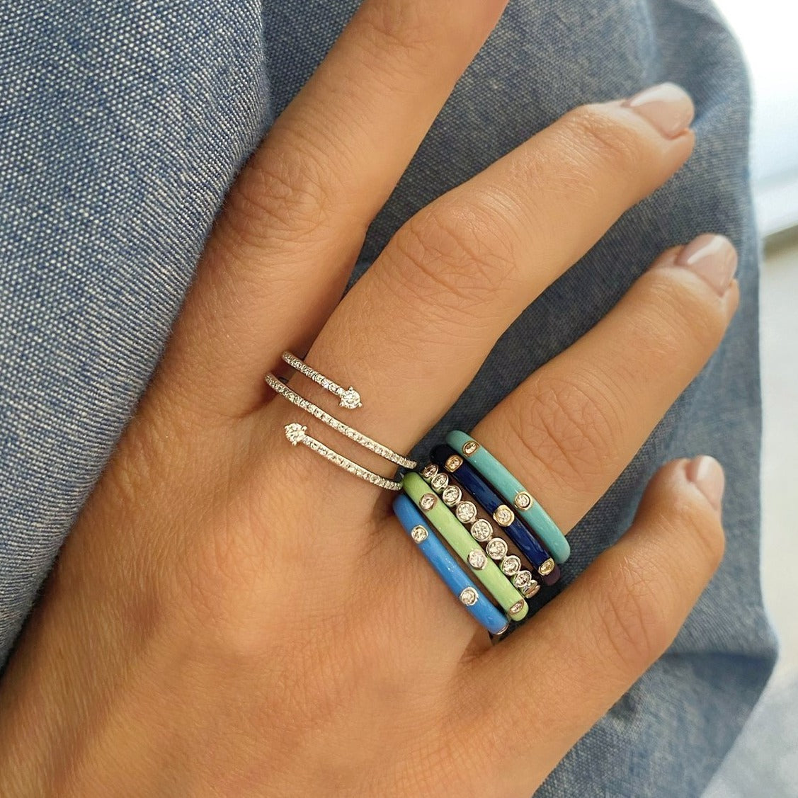 3 Diamond Enamel Stack Ring