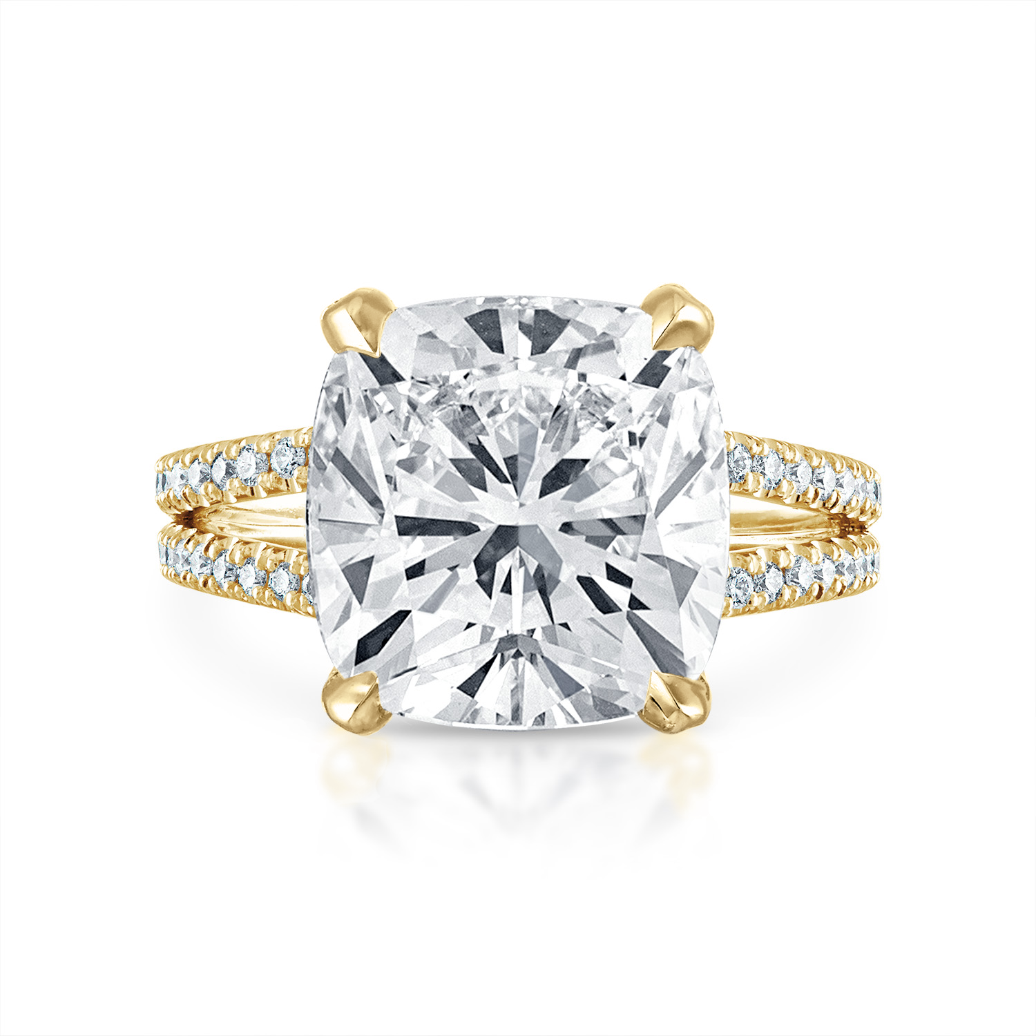 Cushion Pave Split Shank Engagement Ring in Yellow Gold
