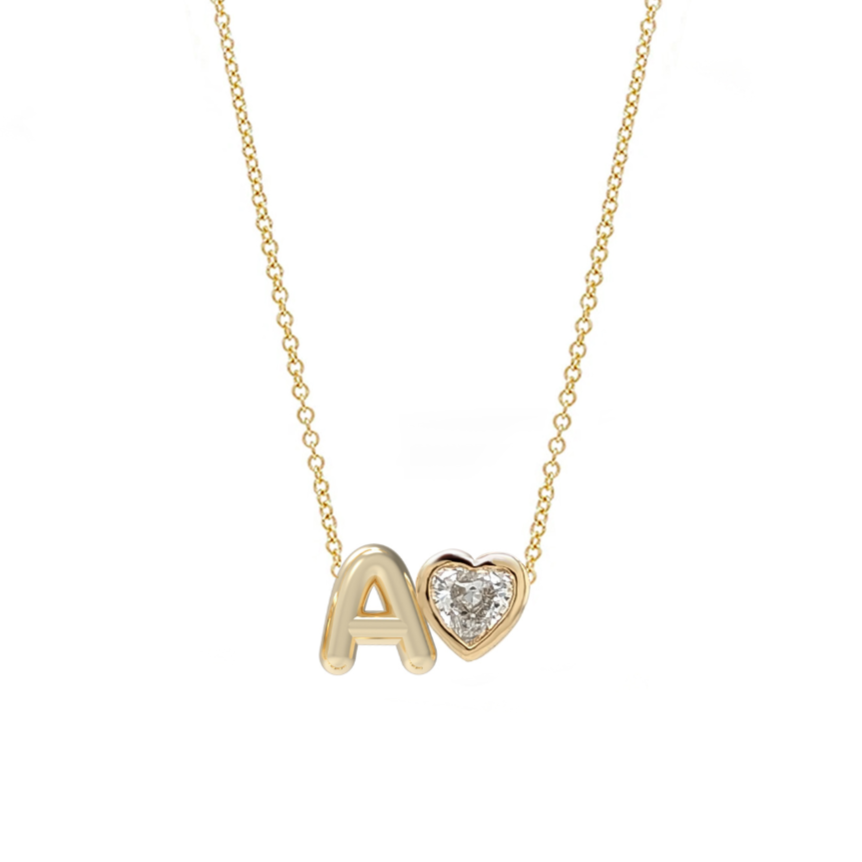 3D Bubble Letter with Diamond Heart Necklace