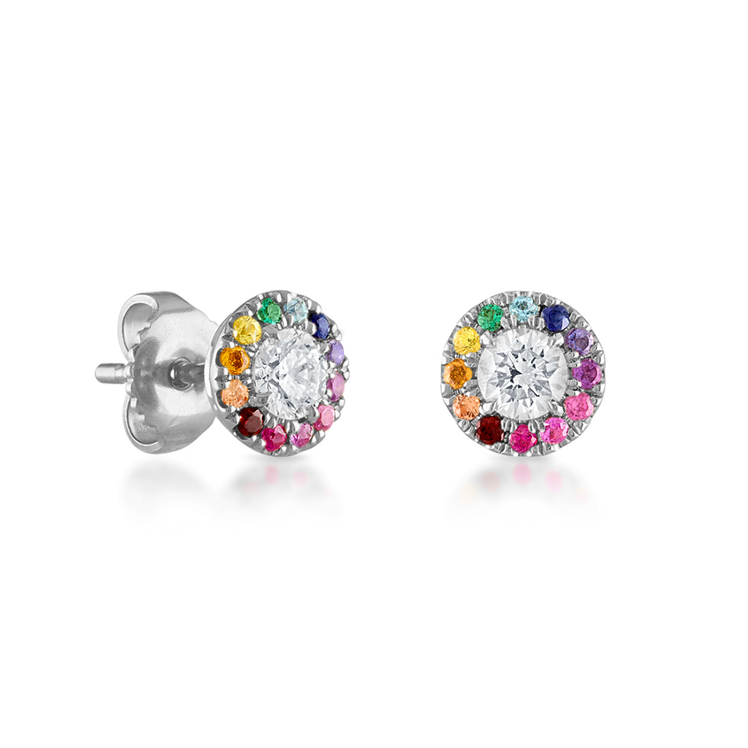 Diamond Studs with Rainbow Gemstone Halo