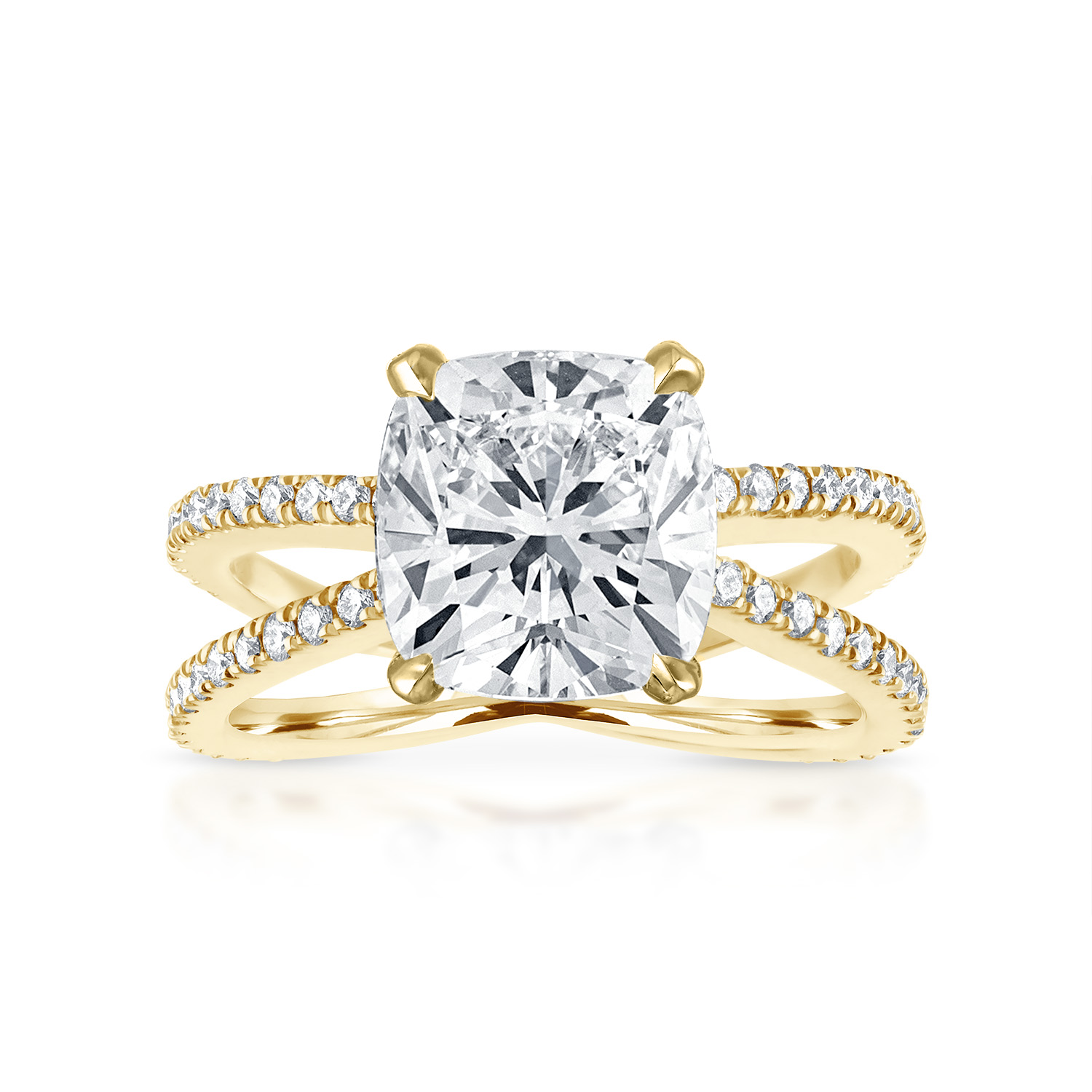 Cushion Reverse Pave Split Shank Engagement Ring in Yellow Gold