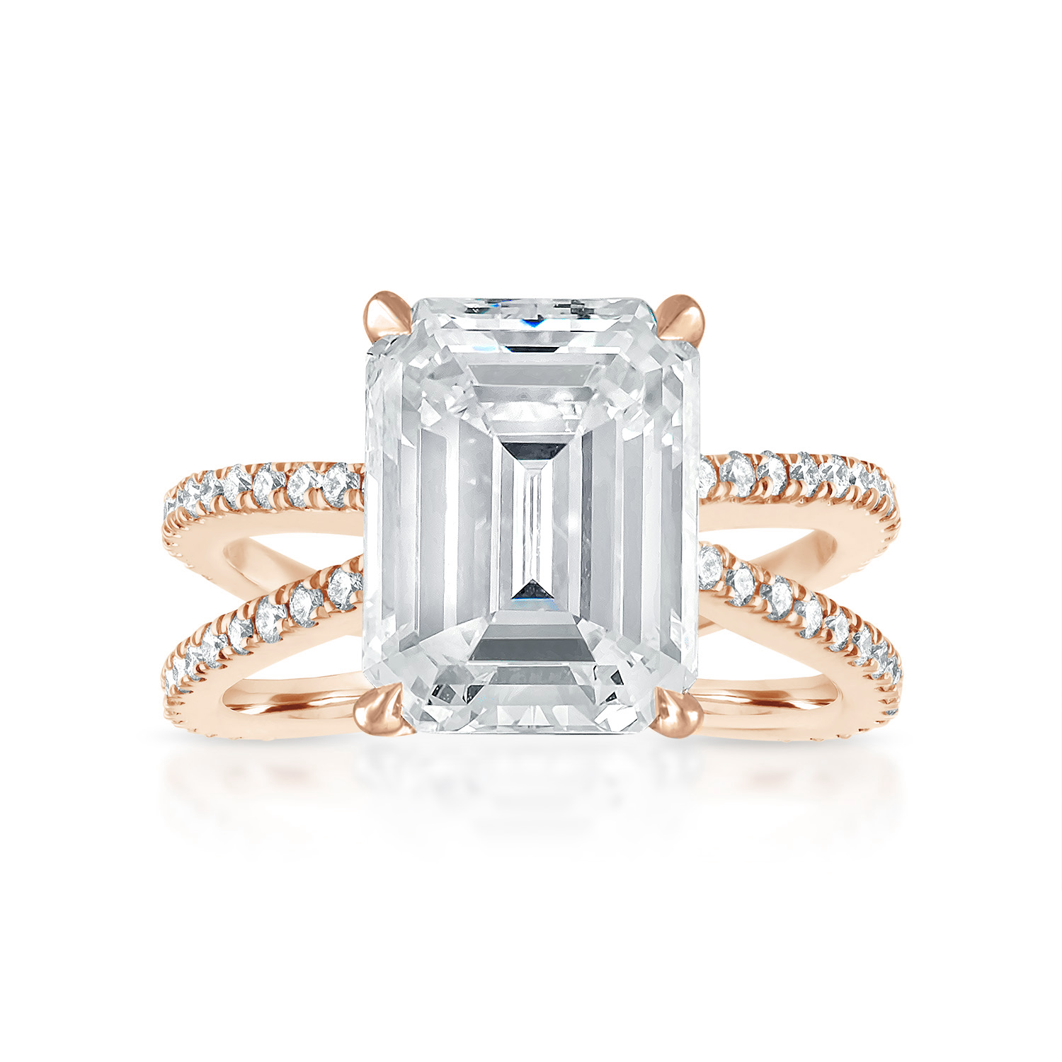 Emerald Reverse Pave Split Shank Engagement Ring in Rose Gold