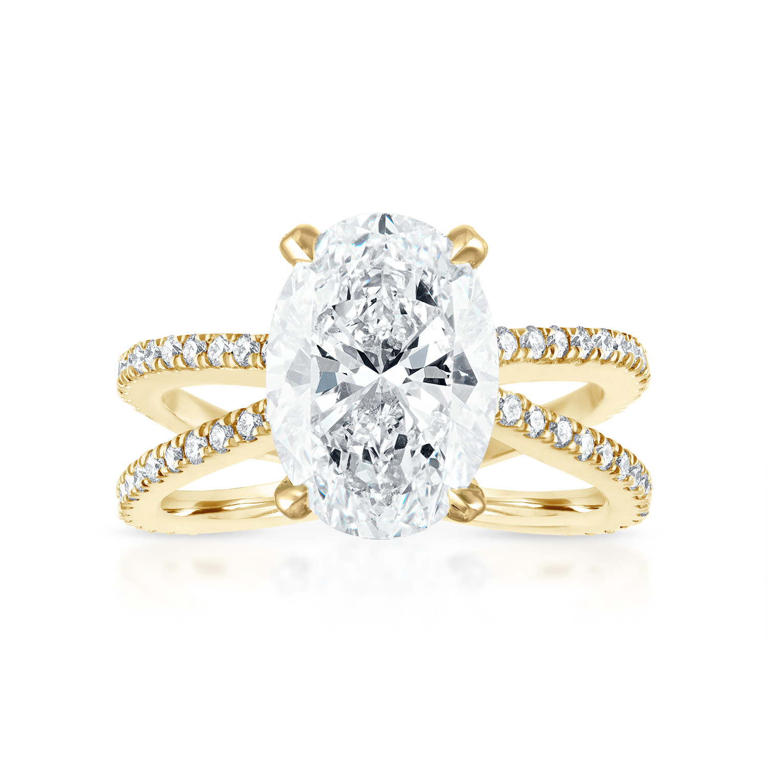 Oval Reverse Pave Split Shank Engagement Ring in Yellow Gold