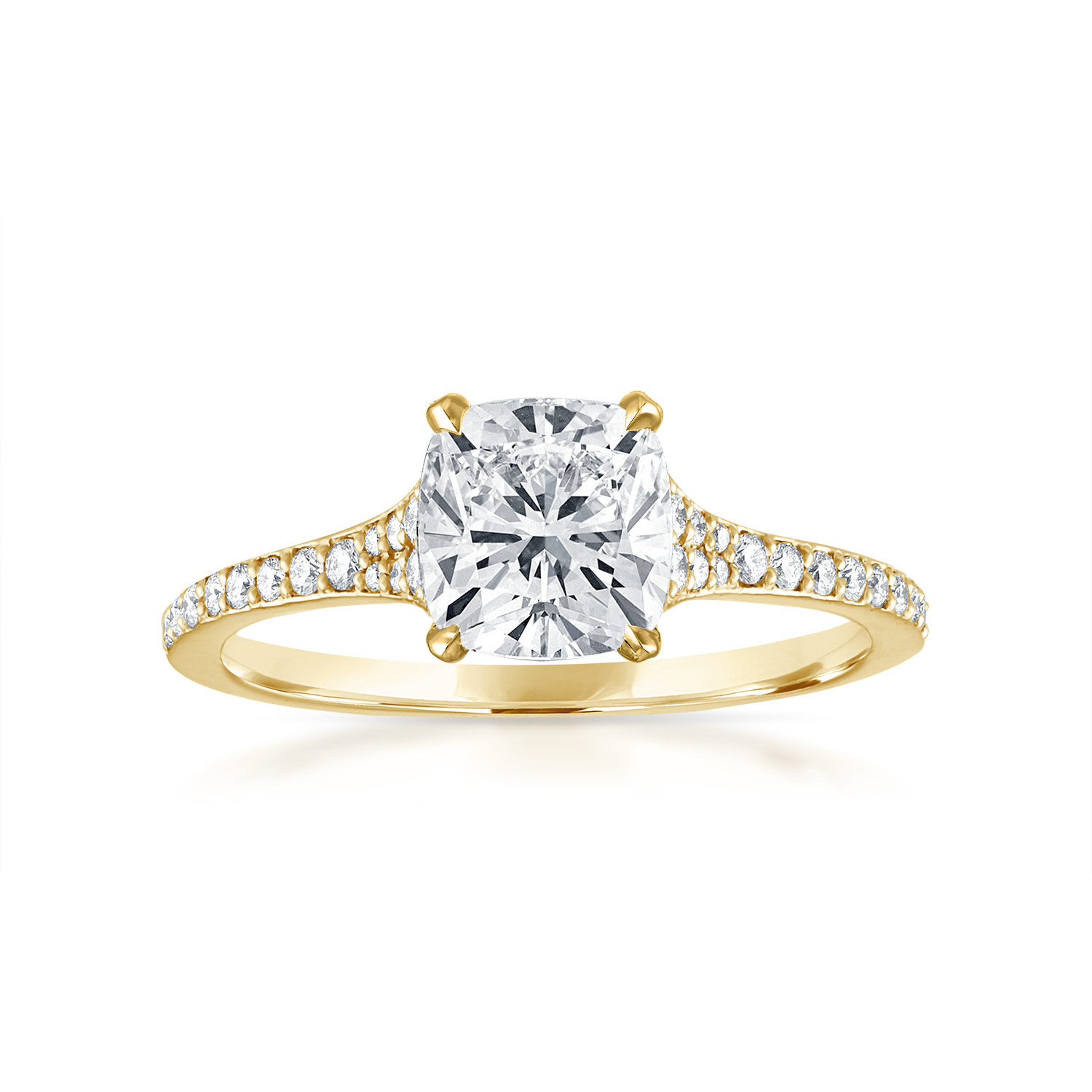 Cushion Tappered Pave Engagement Ring in Yellow Gold