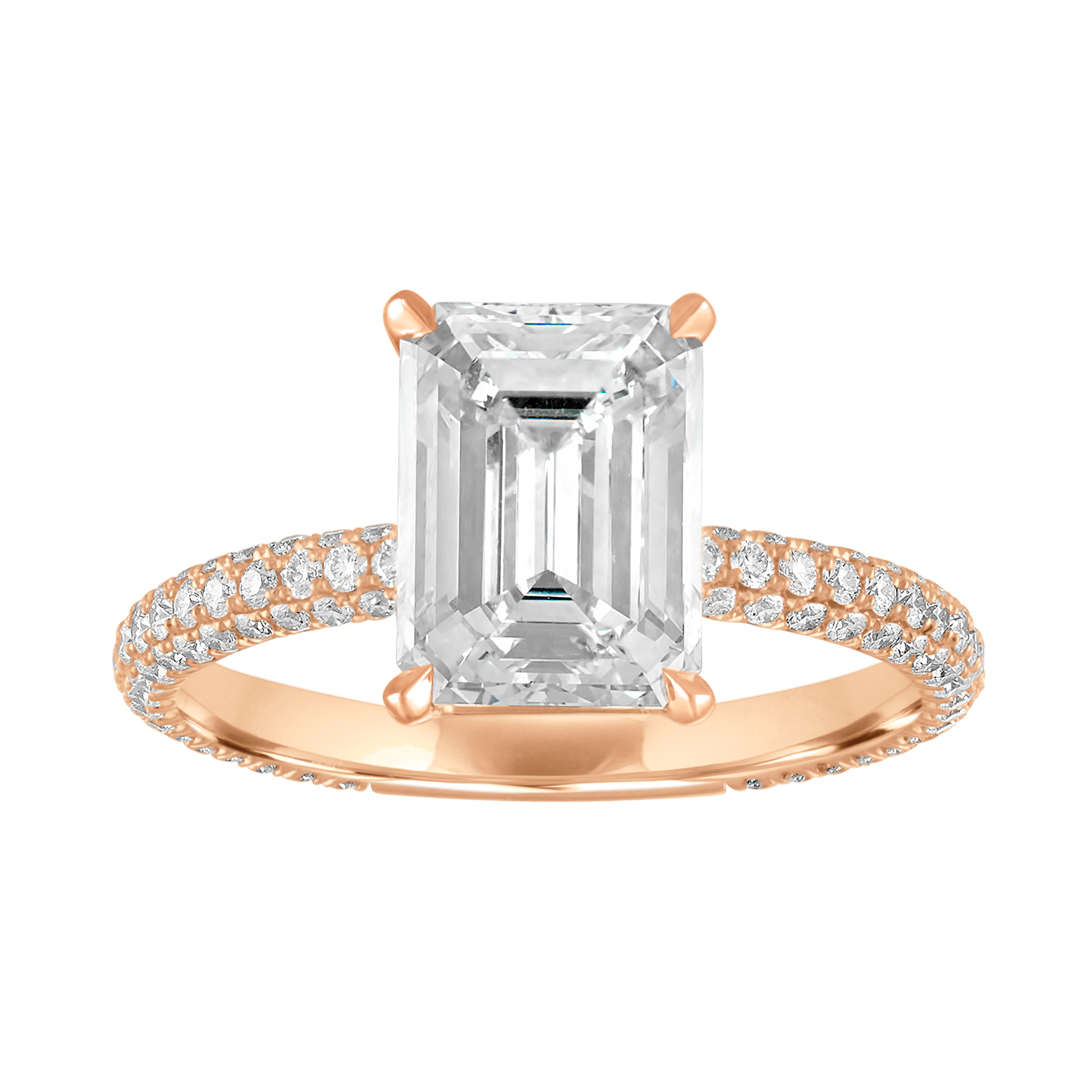 Emerald Three Side Pave Engagement Ring in Rose Gold