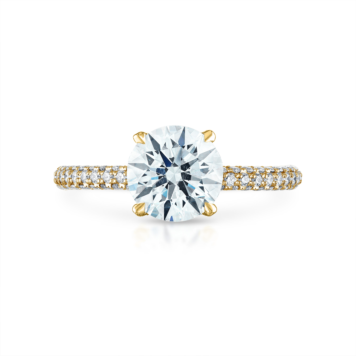 Round Three Side Pave Engagement Ring in Yellow Gold