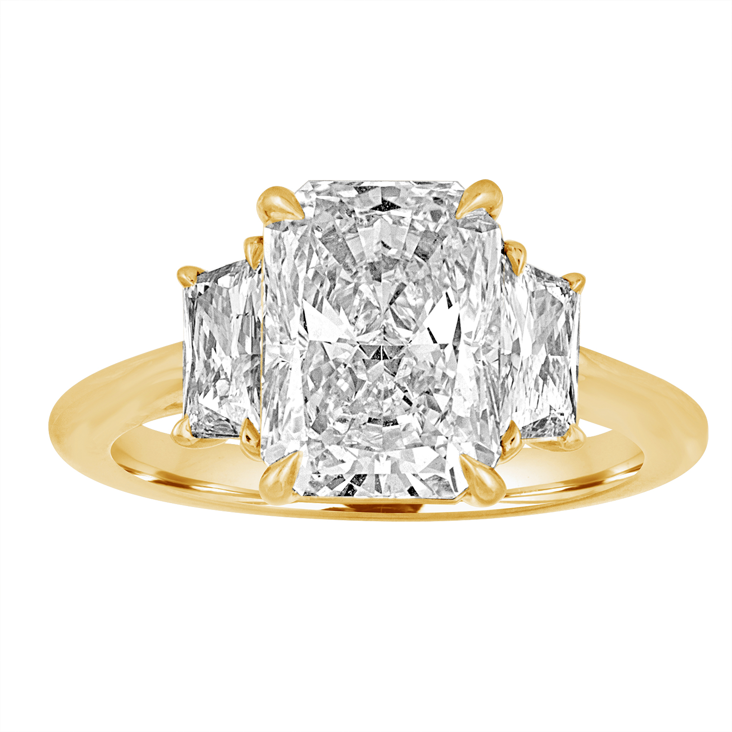 Radiant Engagement Ring with Trapz Side Stones in Yellow Gold