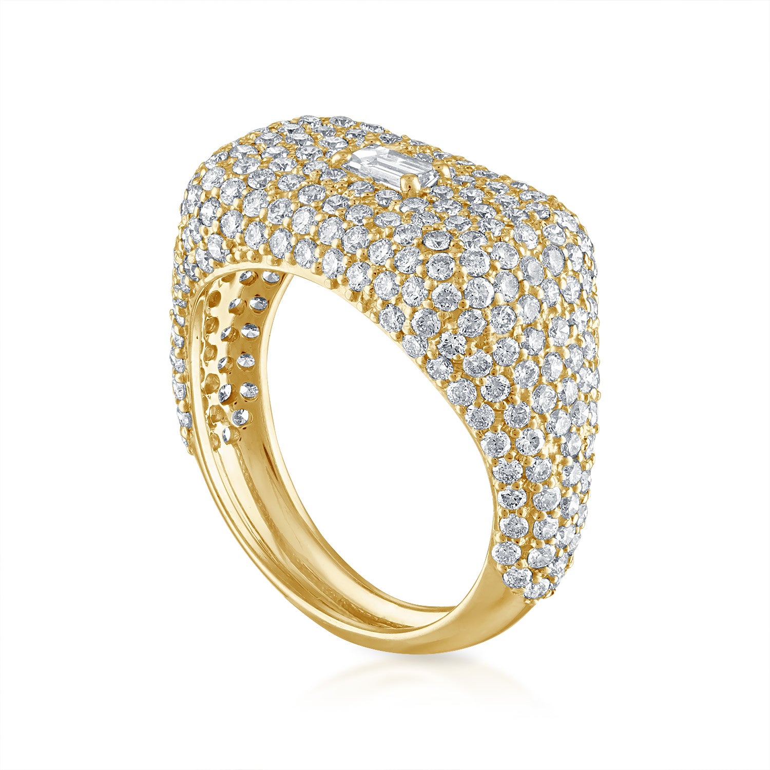 White Diamond Domed Signet Ring in Yellow Gold