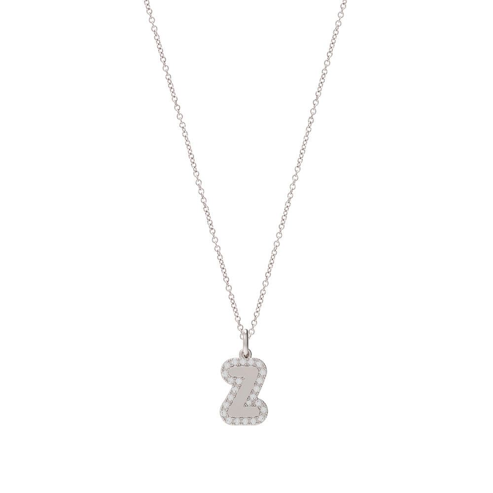 Large Bubble Initial Charm with Pave Outline Necklace