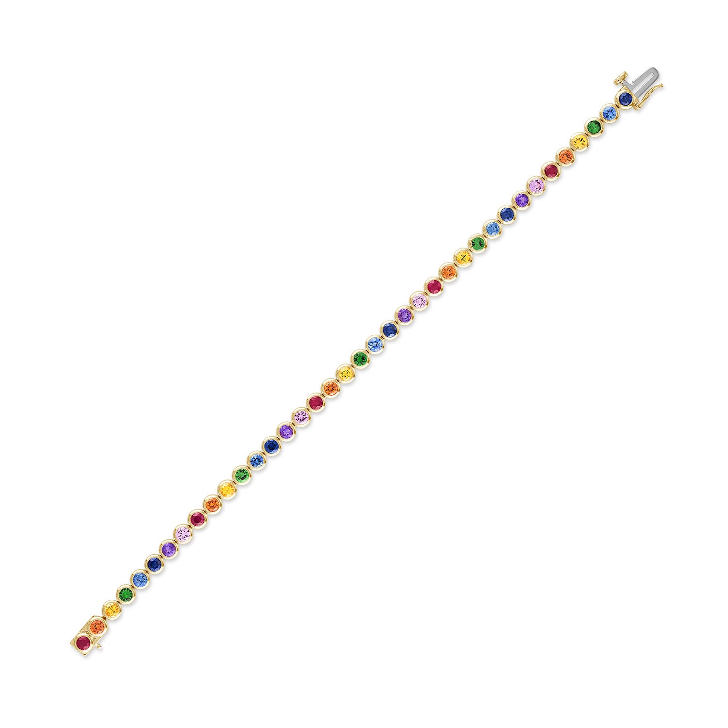 14k yellow gold rainbow bezel set tennis bracelet in 4.95 carats and unclasped