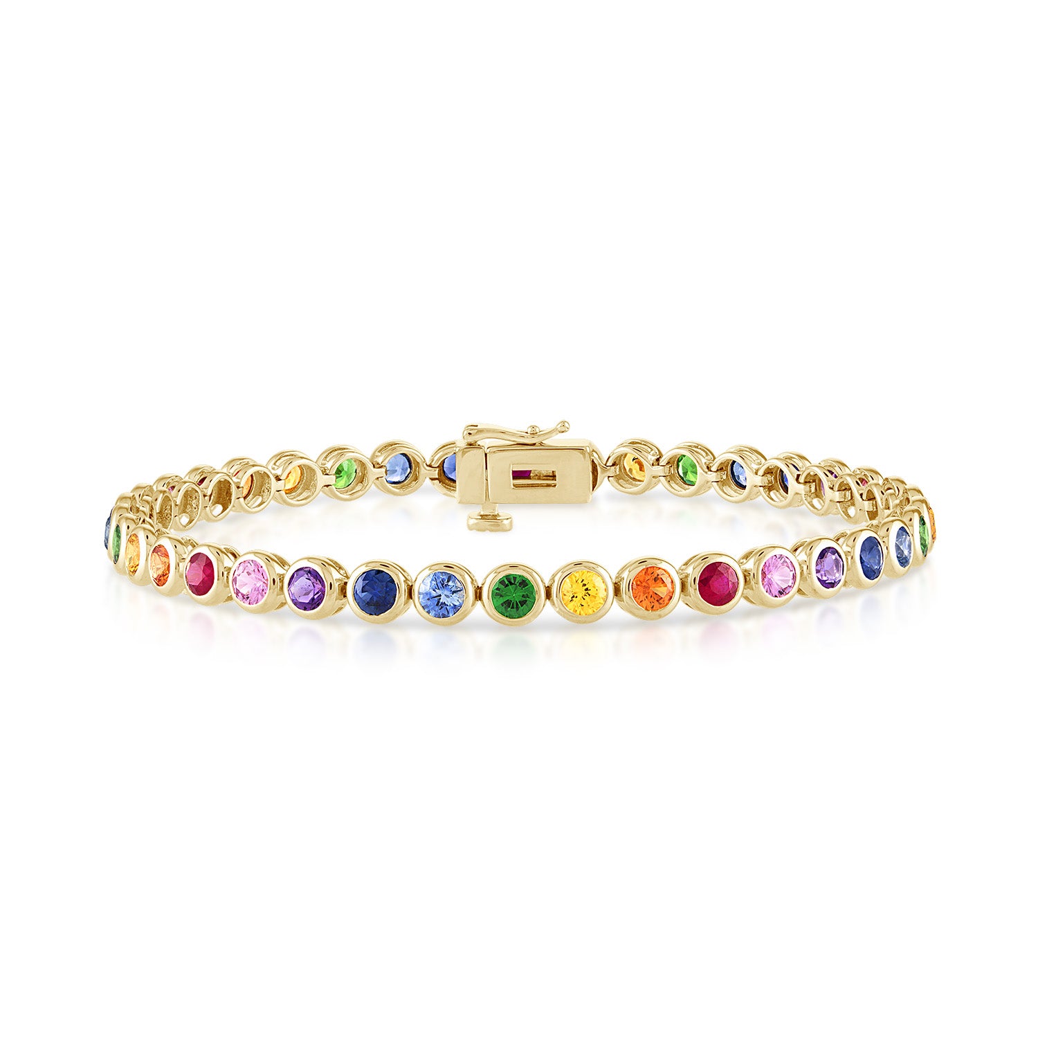 14k yellow gold rainbow bezel set tennis bracelet in 4.95 carats and clasped