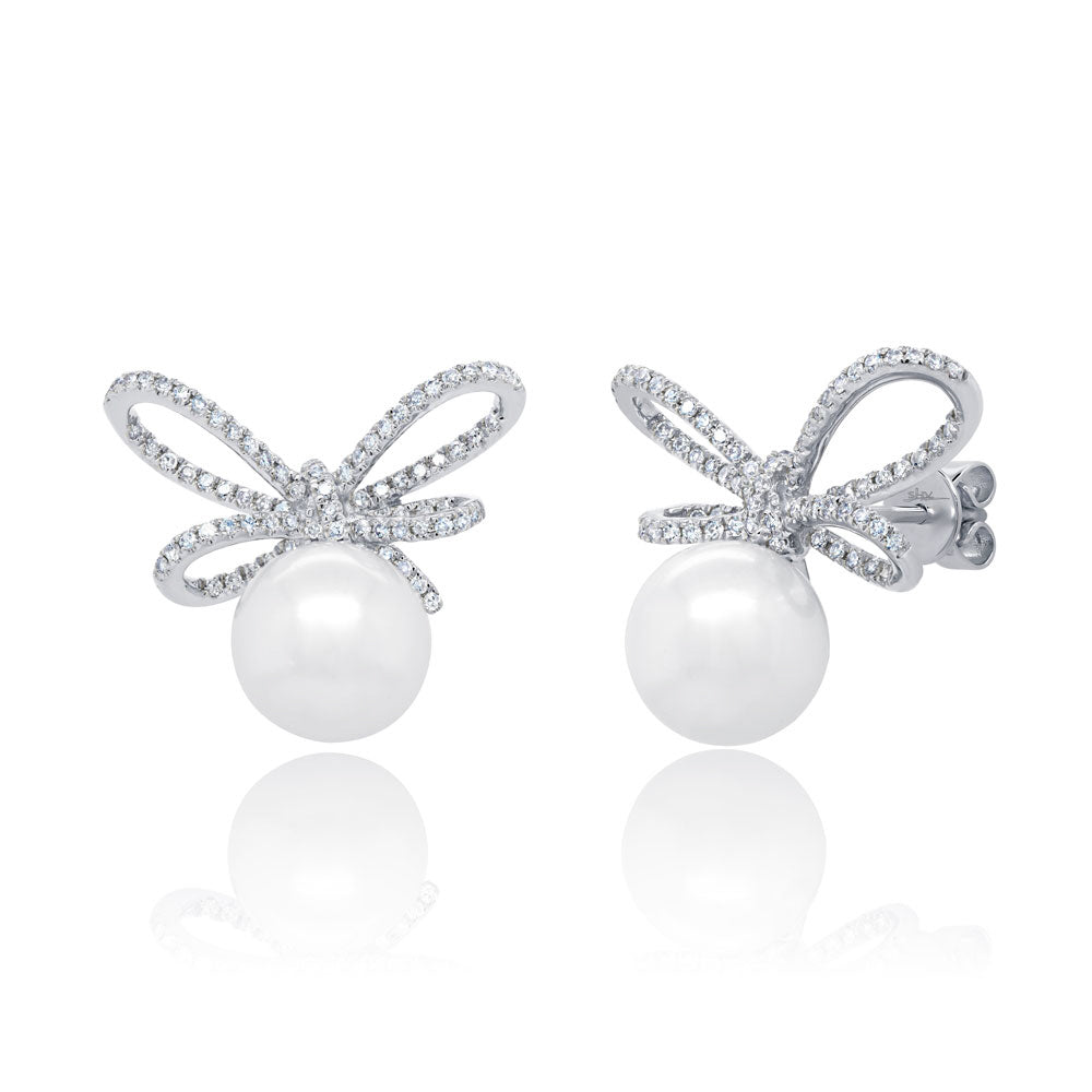 Pearl and Diamond Bow Stud Earrings