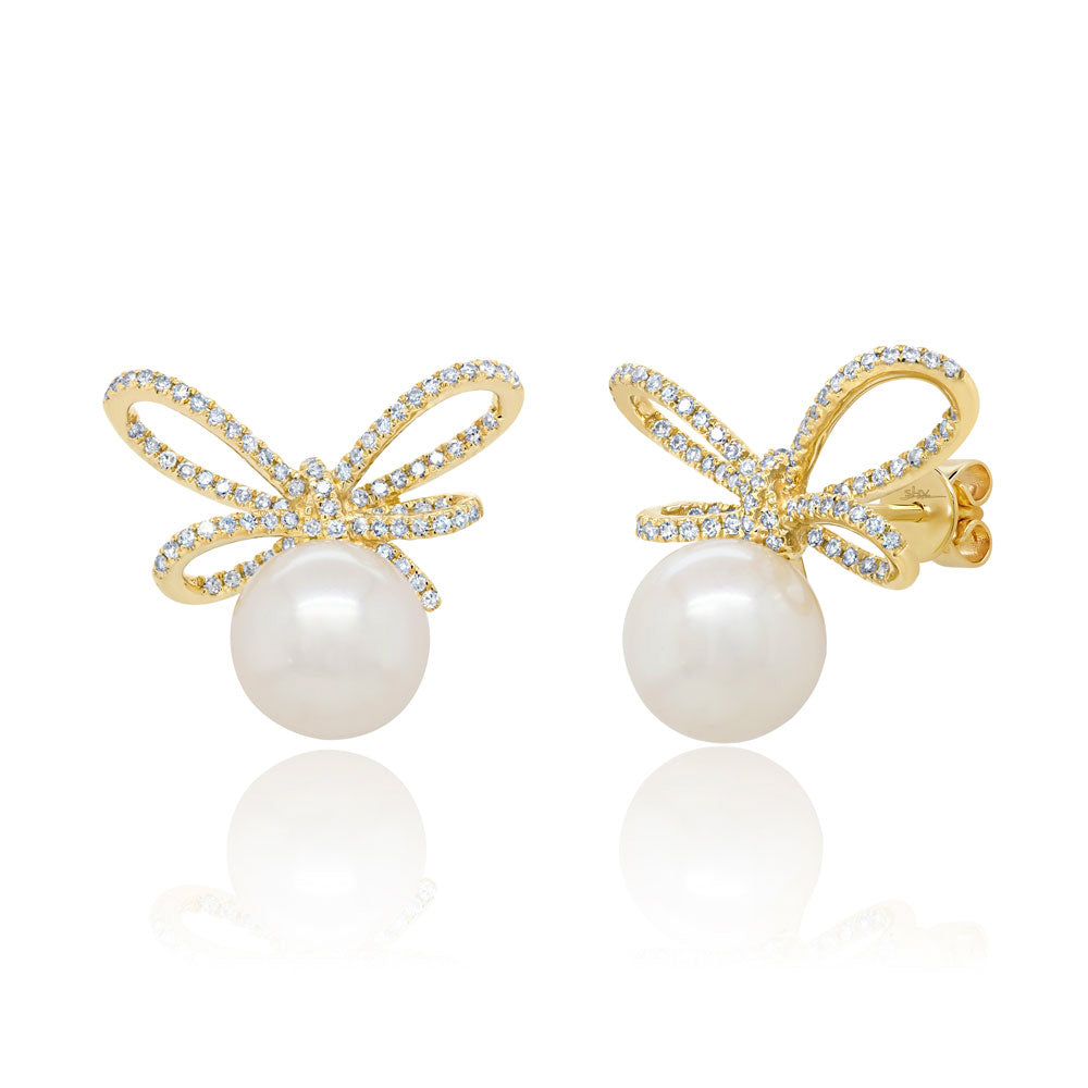 Pearl and Diamond Bow Stud Earrings